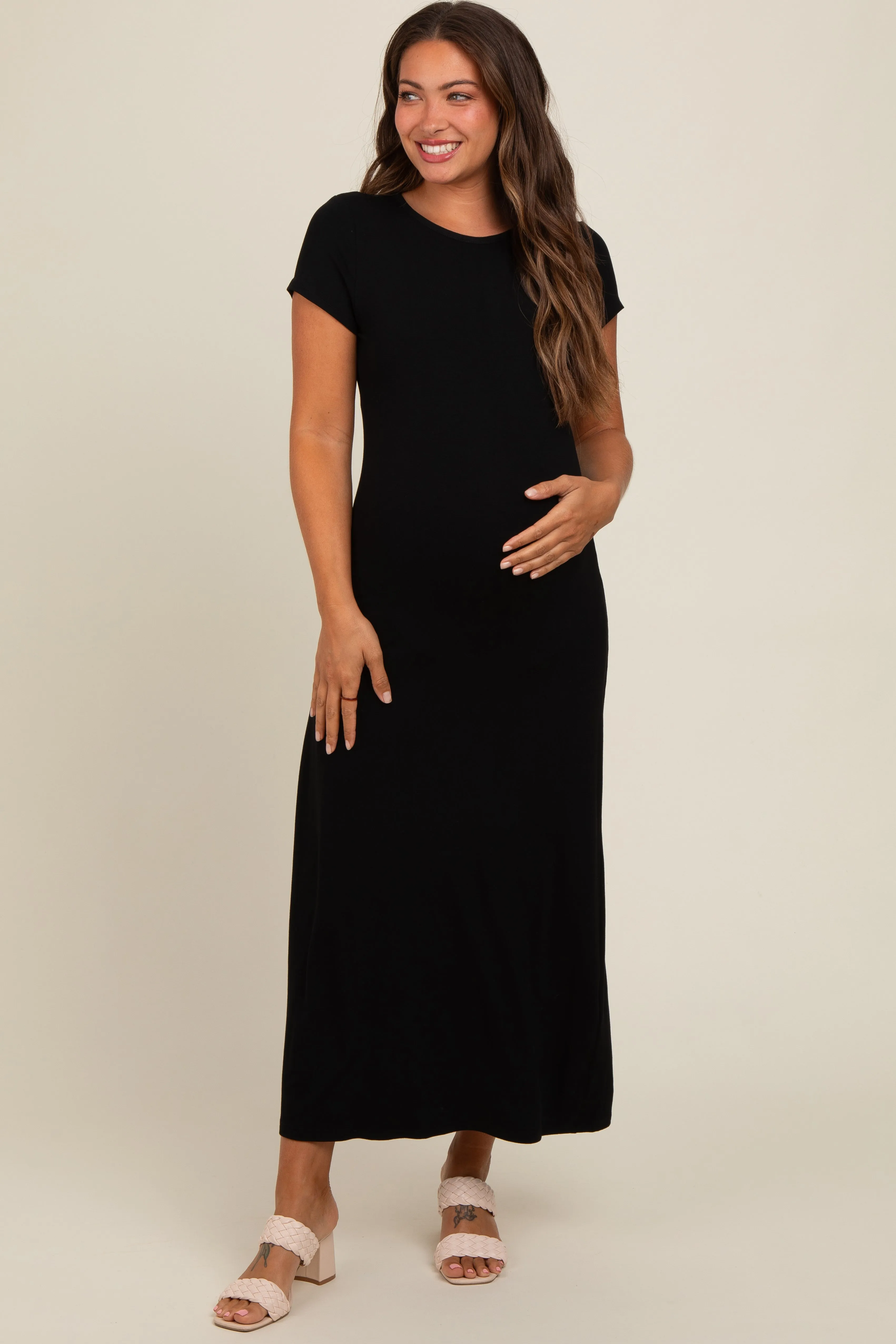 Black Short Sleeve Maternity Midi T-Shirt Dress sold by Pinkblush