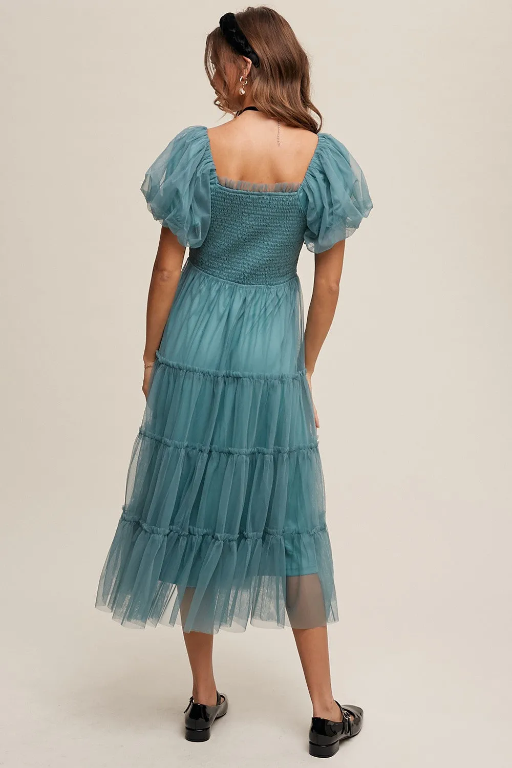 Teal Smocked Tiered Tulle Midi Dress sold by Pinkblush product image thumbnail 3