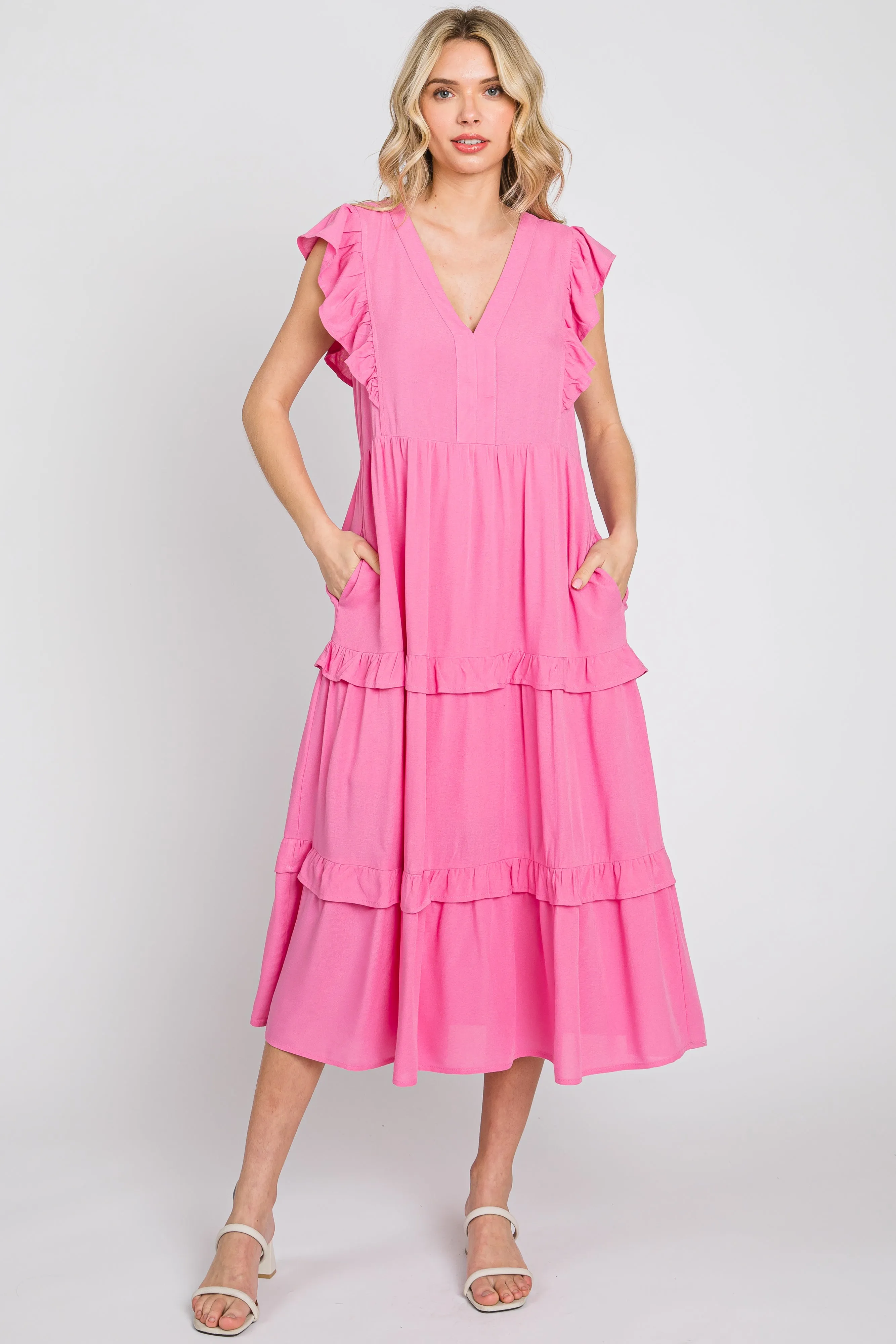 Pink Ruffle Accent Tiered Maternity Midi Dress sold by Pinkblush product image thumbnail 5