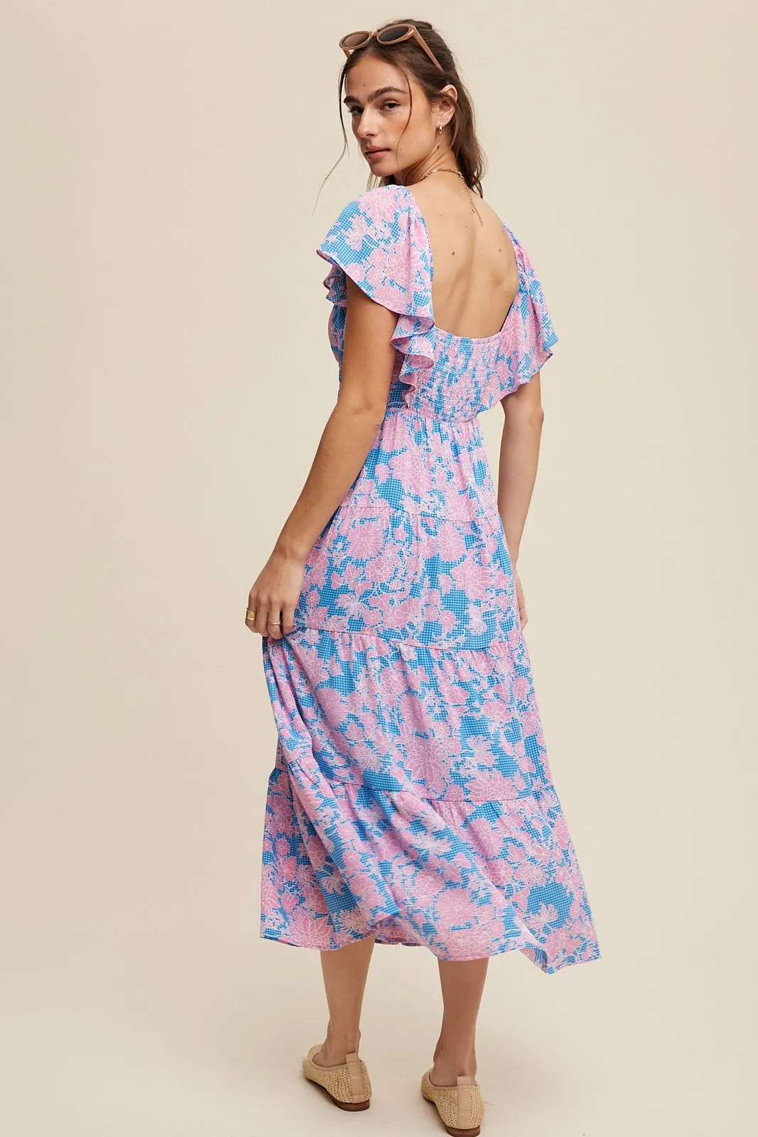 Blue Floral Print V-Neck Ruffle Sleeve Maxi Dress sold by Pinkblush product image thumbnail 3