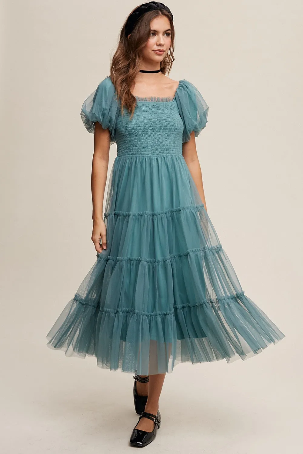 Teal Smocked Tiered Tulle Midi Dress sold by Pinkblush