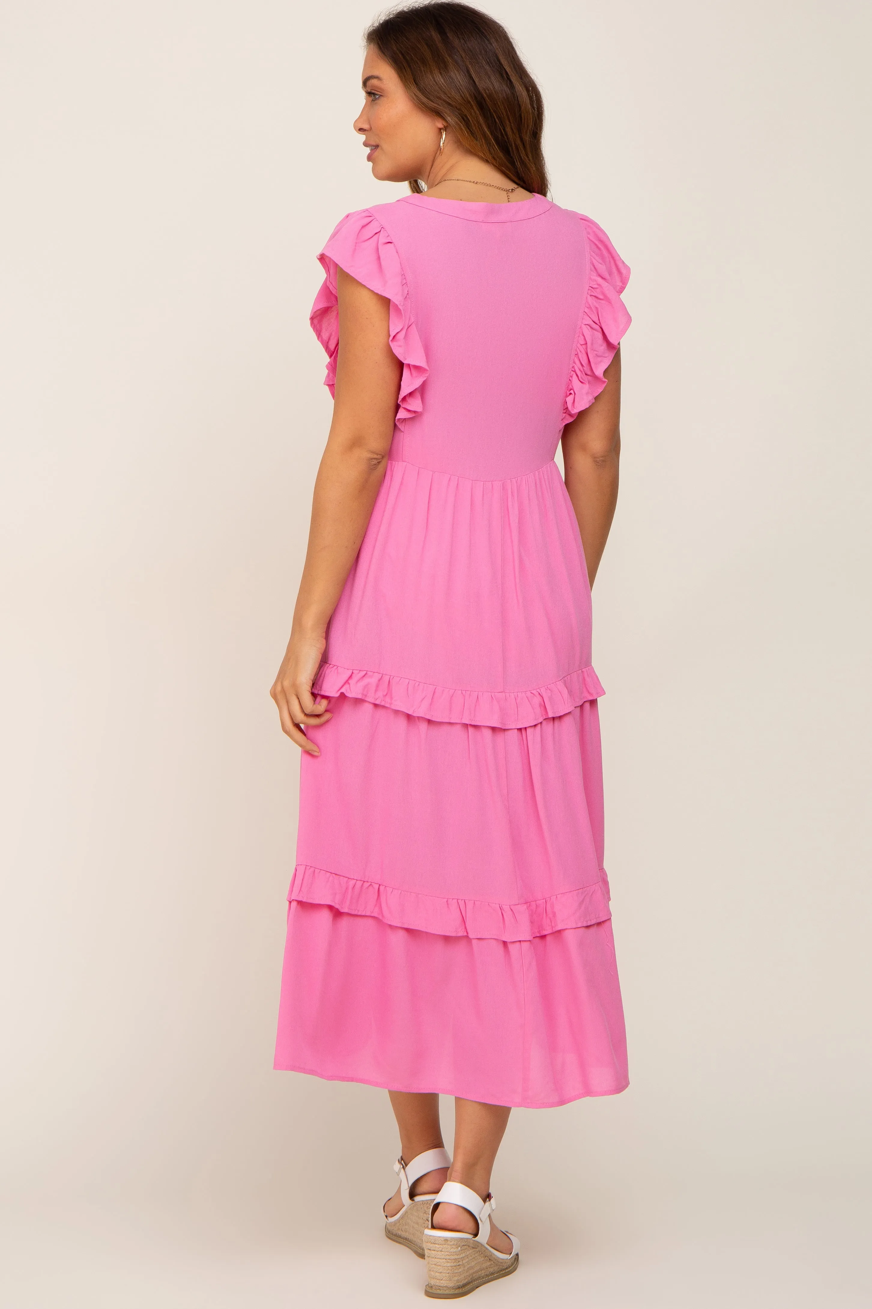 Pink Ruffle Accent Tiered Maternity Midi Dress sold by Pinkblush product image thumbnail 3