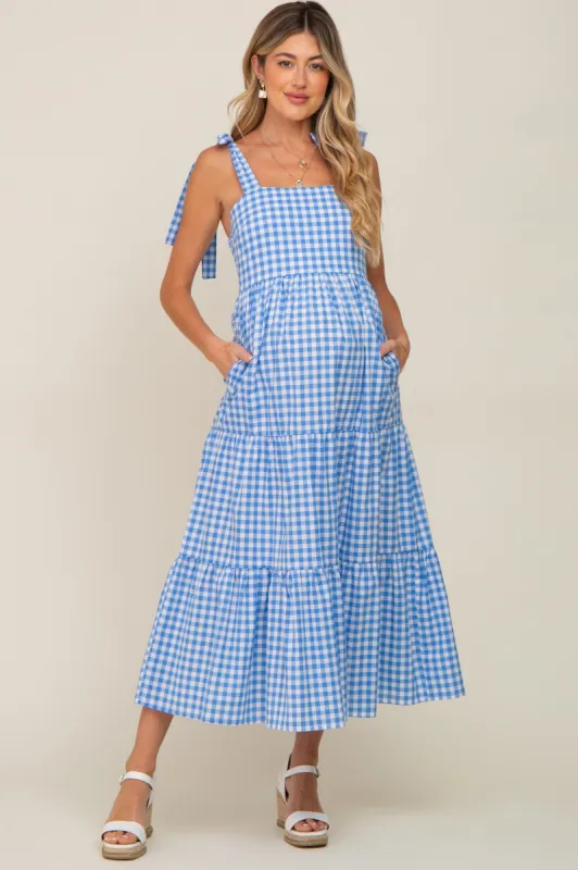 Blue Checkered Sleeveless Tiered Maternity Maxi Dress sold by Pinkblush