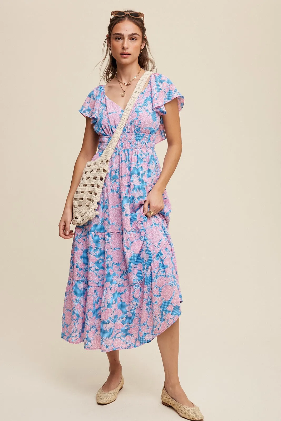 Blue Floral Print V-Neck Ruffle Sleeve Maxi Dress sold by Pinkblush