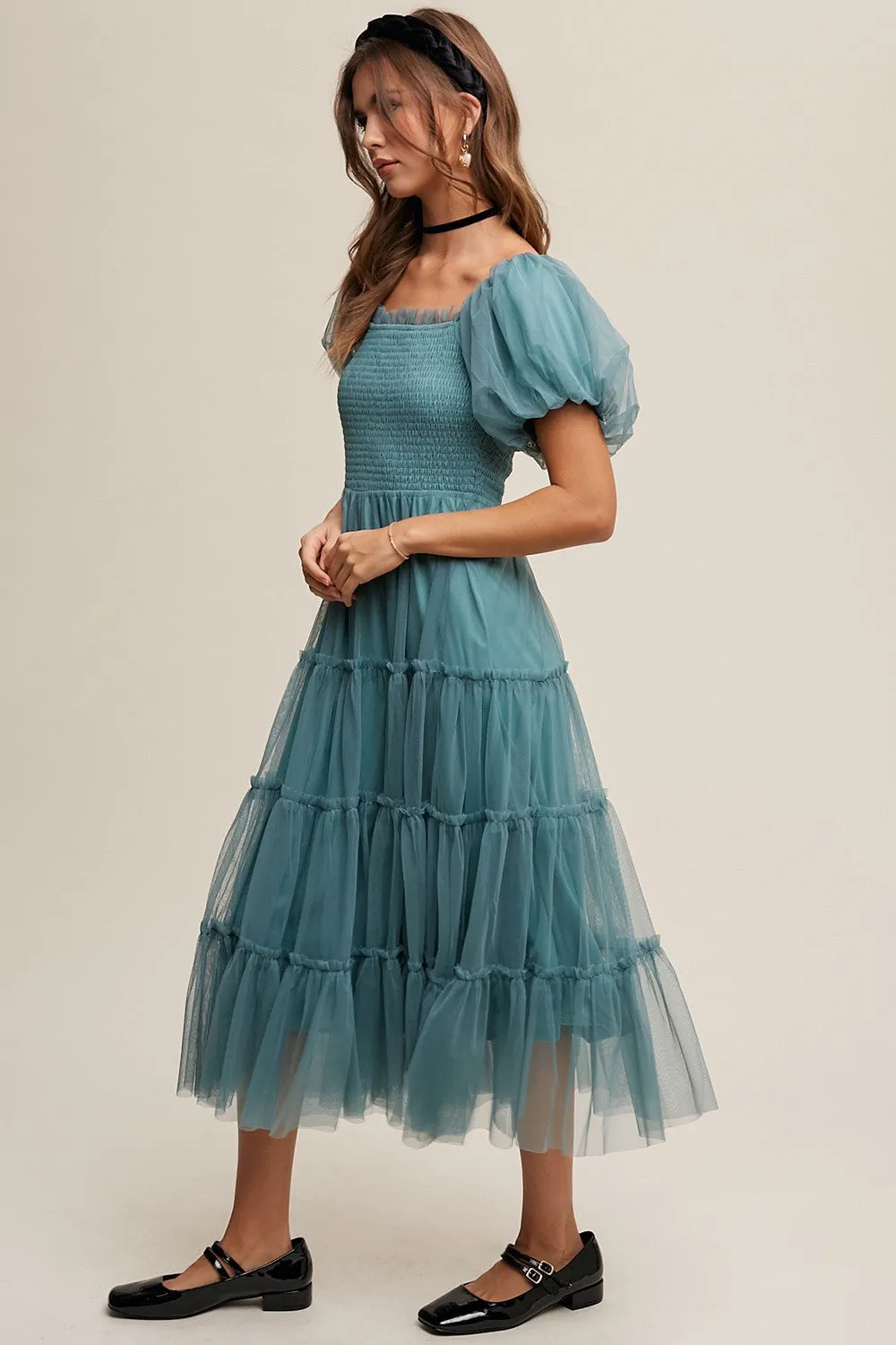 Teal Smocked Tiered Tulle Midi Dress sold by Pinkblush product image thumbnail 2