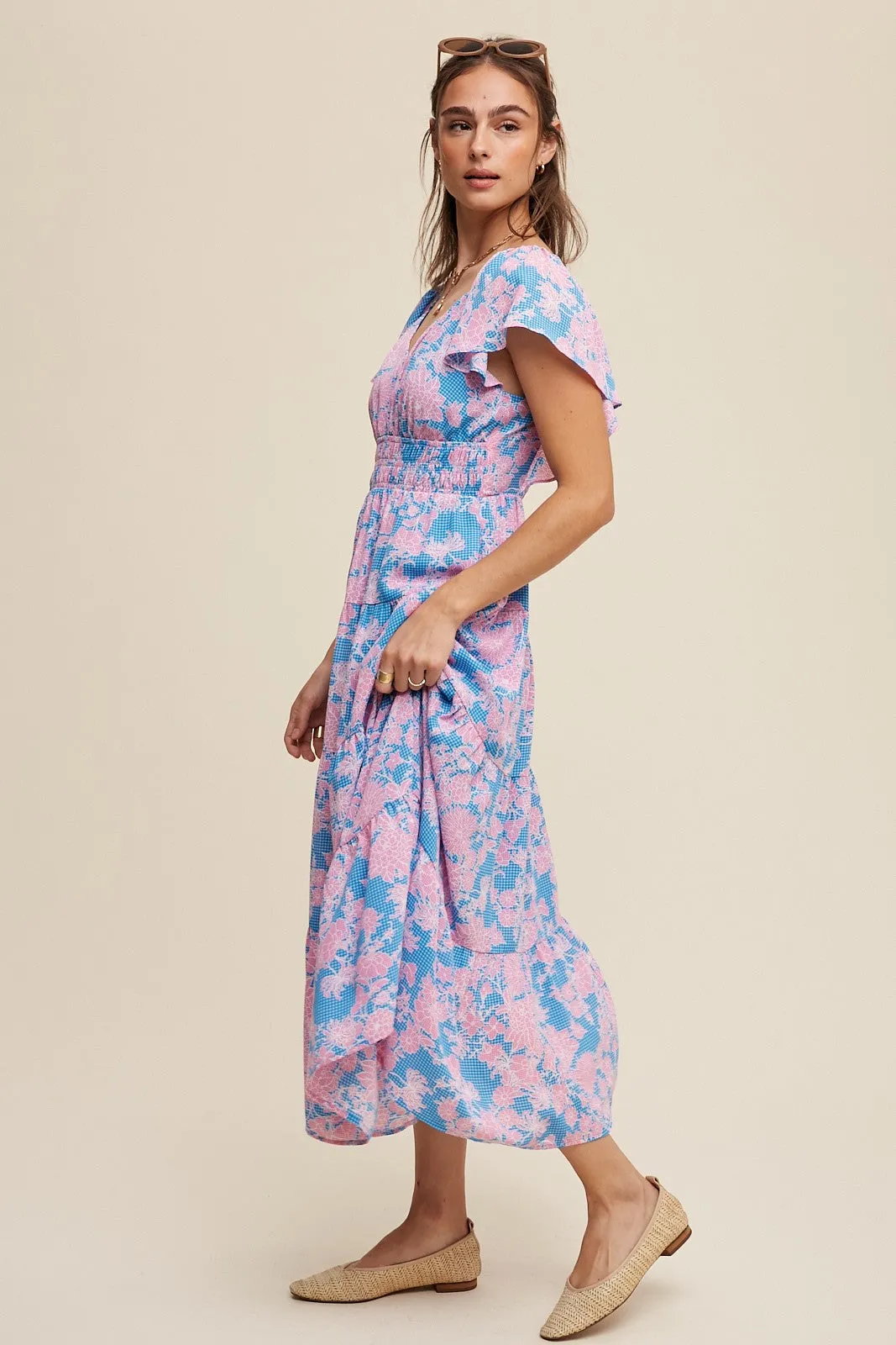Blue Floral Print V-Neck Ruffle Sleeve Maxi Dress sold by Pinkblush product image thumbnail 2