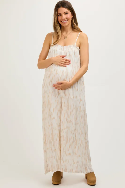 Taupe Printed Sleeveless Maternity Jumpsuit sold by Pinkblush