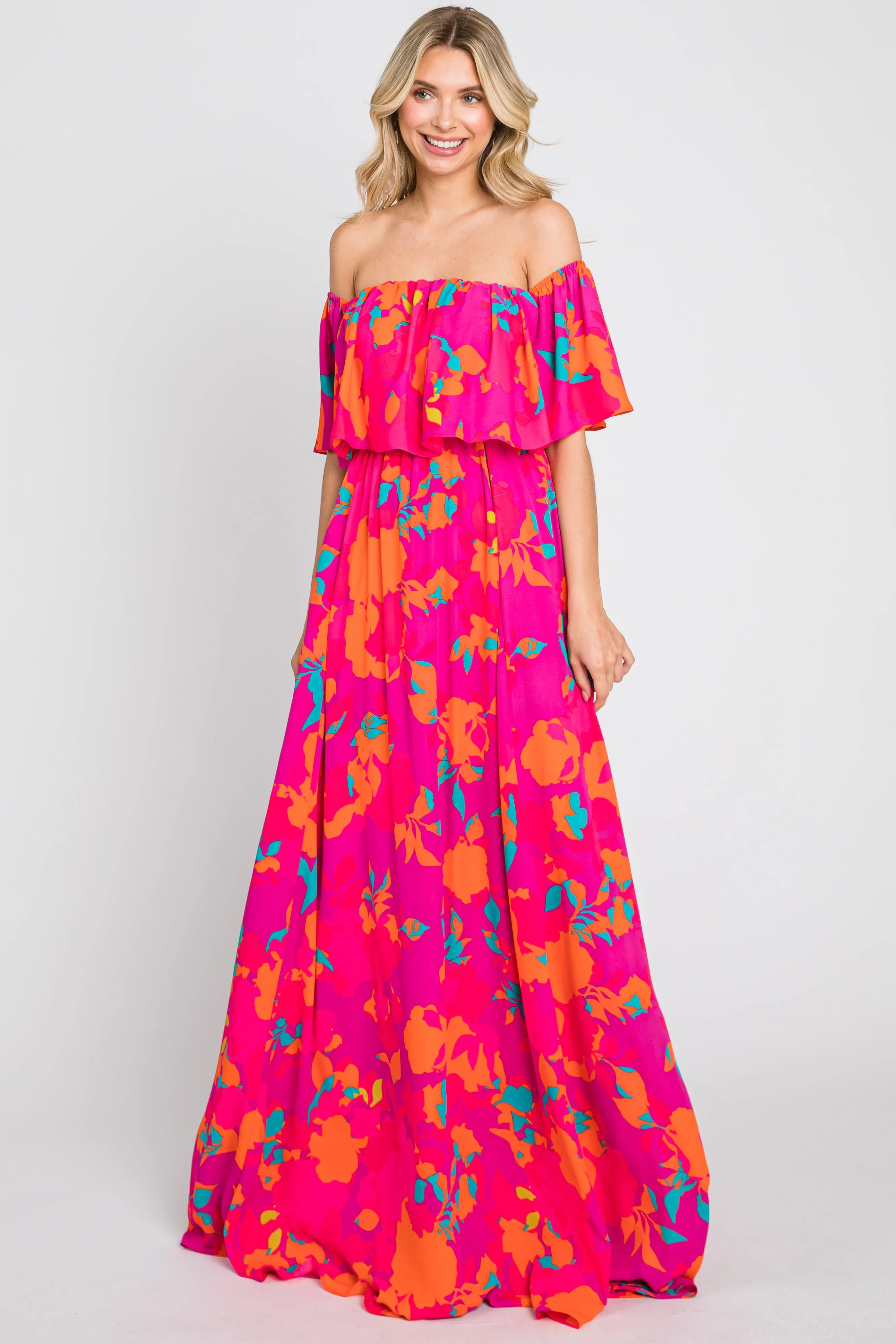 Fuchsia Floral Strapless Flounce Maxi Dress sold by Pinkblush