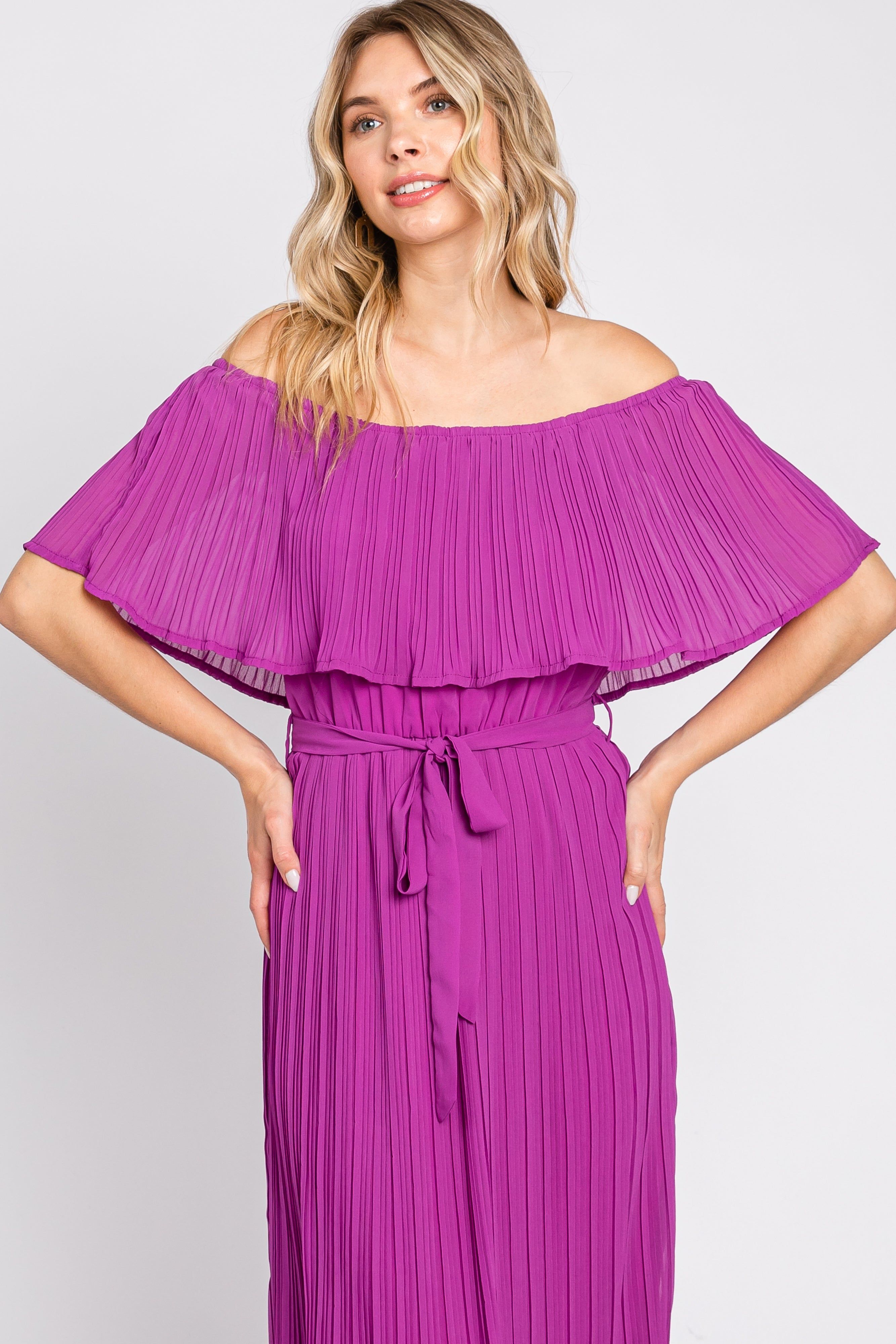 Purple Pleated Off Shoulder Maxi Dress sold by Pinkblush product image thumbnail 4