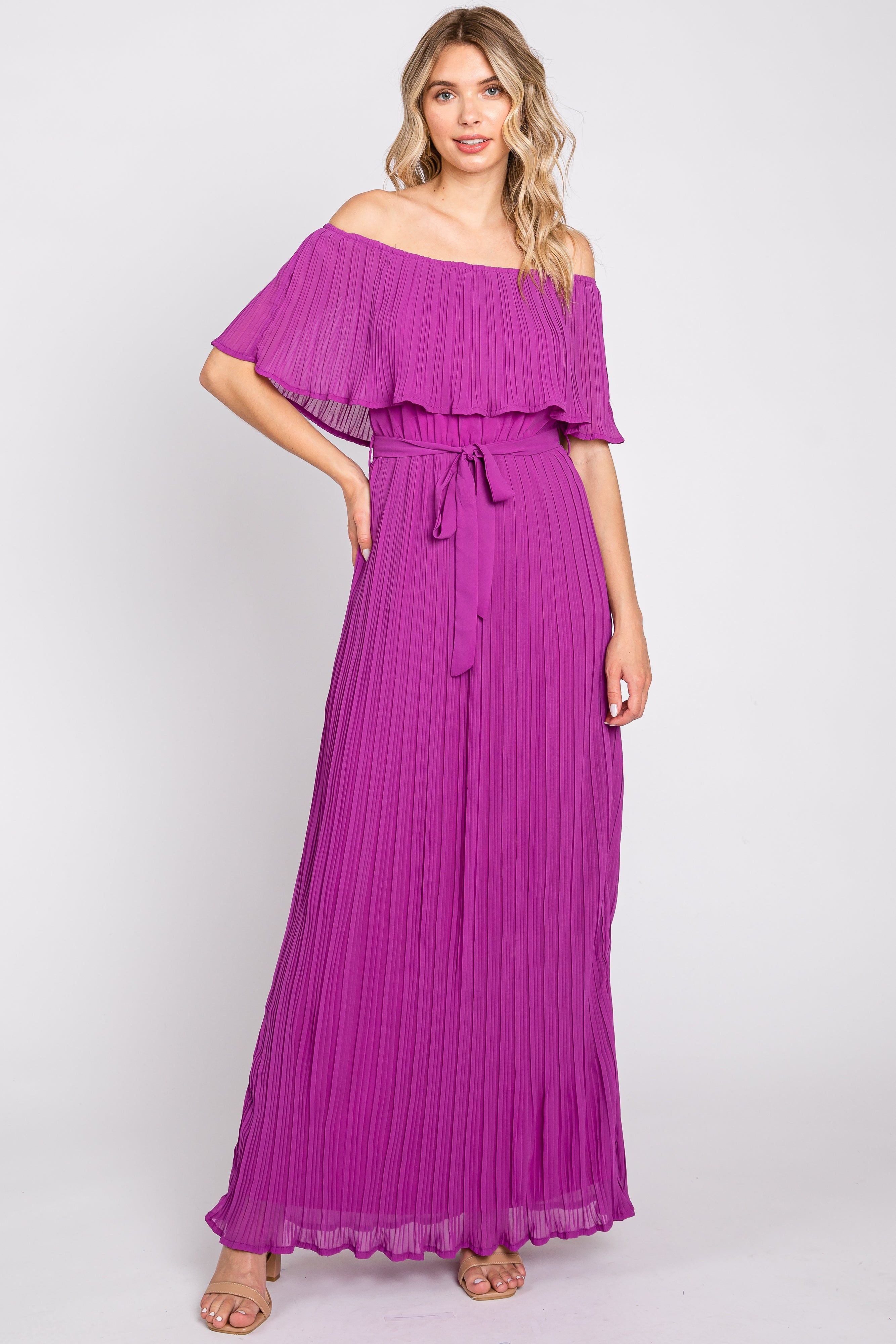 Purple Pleated Off Shoulder Maxi Dress sold by Pinkblush