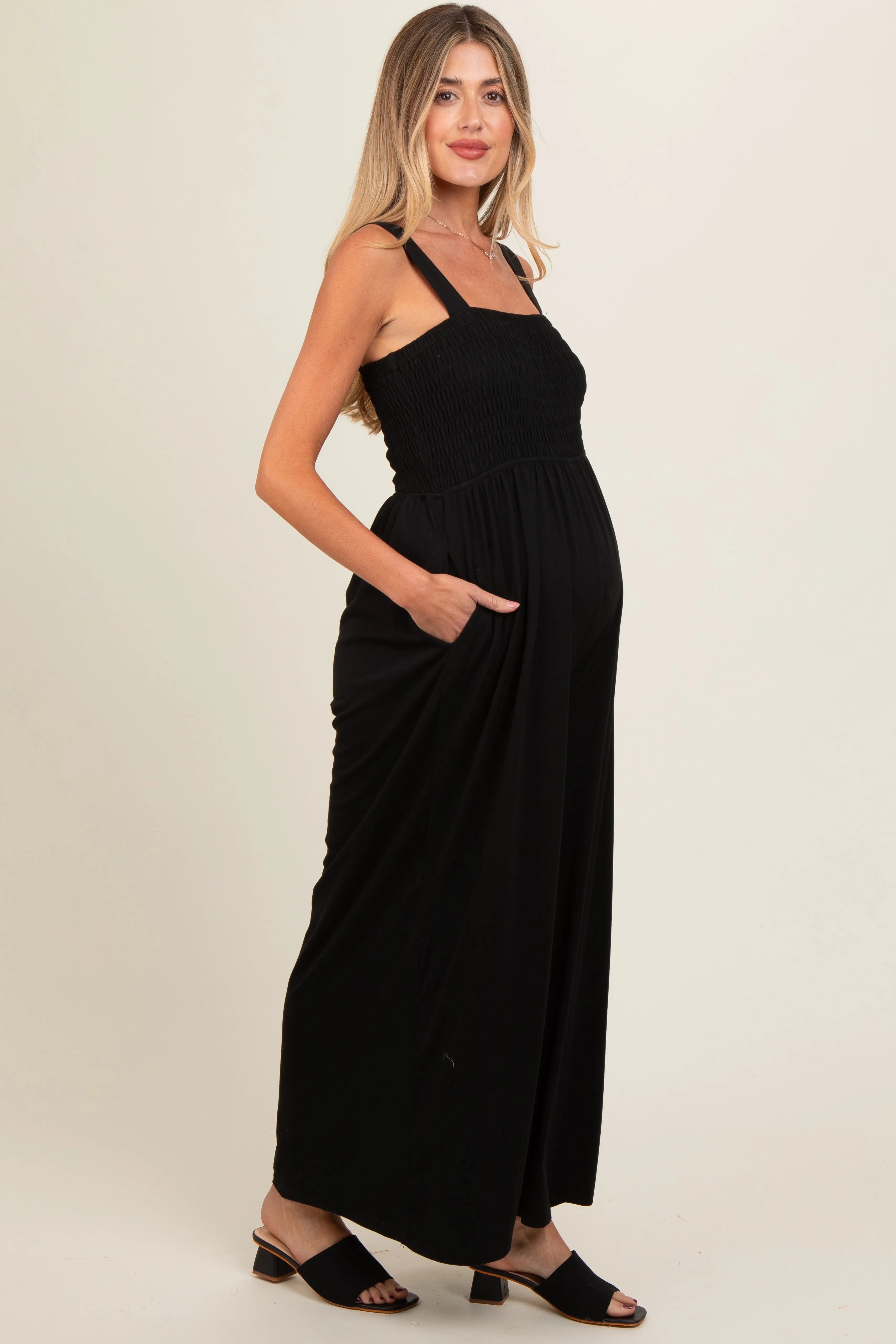 Black Smocked Wide Leg Maternity Jumpsuit sold by Pinkblush product image thumbnail 3