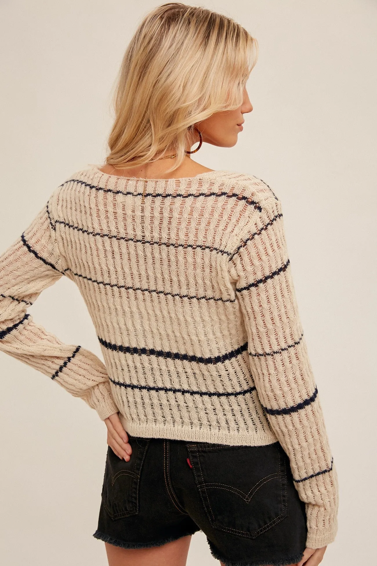 Taupe Navy Scoop Neck Stripe Open Stitch Cardigan sold by Pinkblush product image thumbnail 3