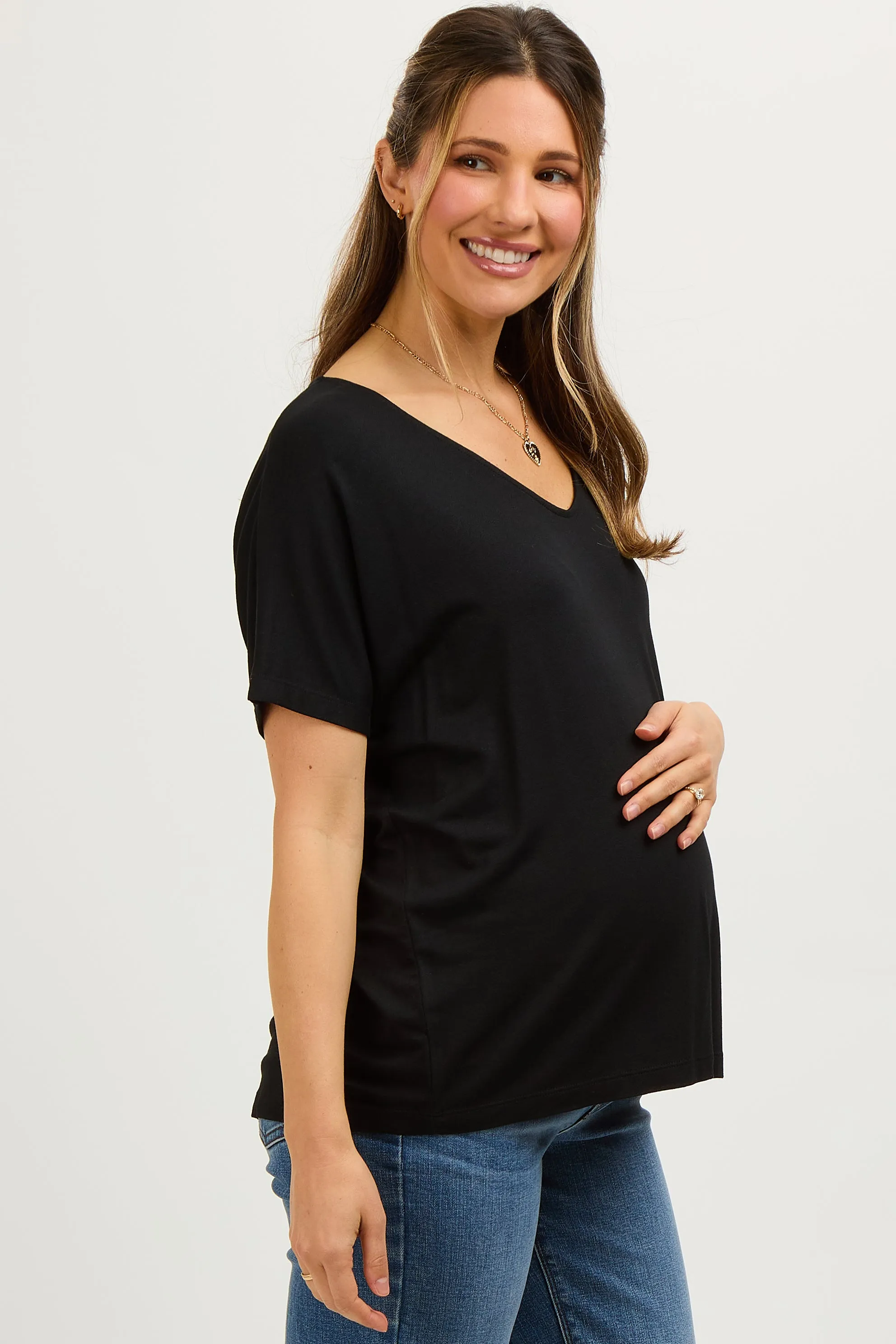 Black Short Dolman Sleeve V-Neck Maternity Top sold by Pinkblush product image thumbnail 2