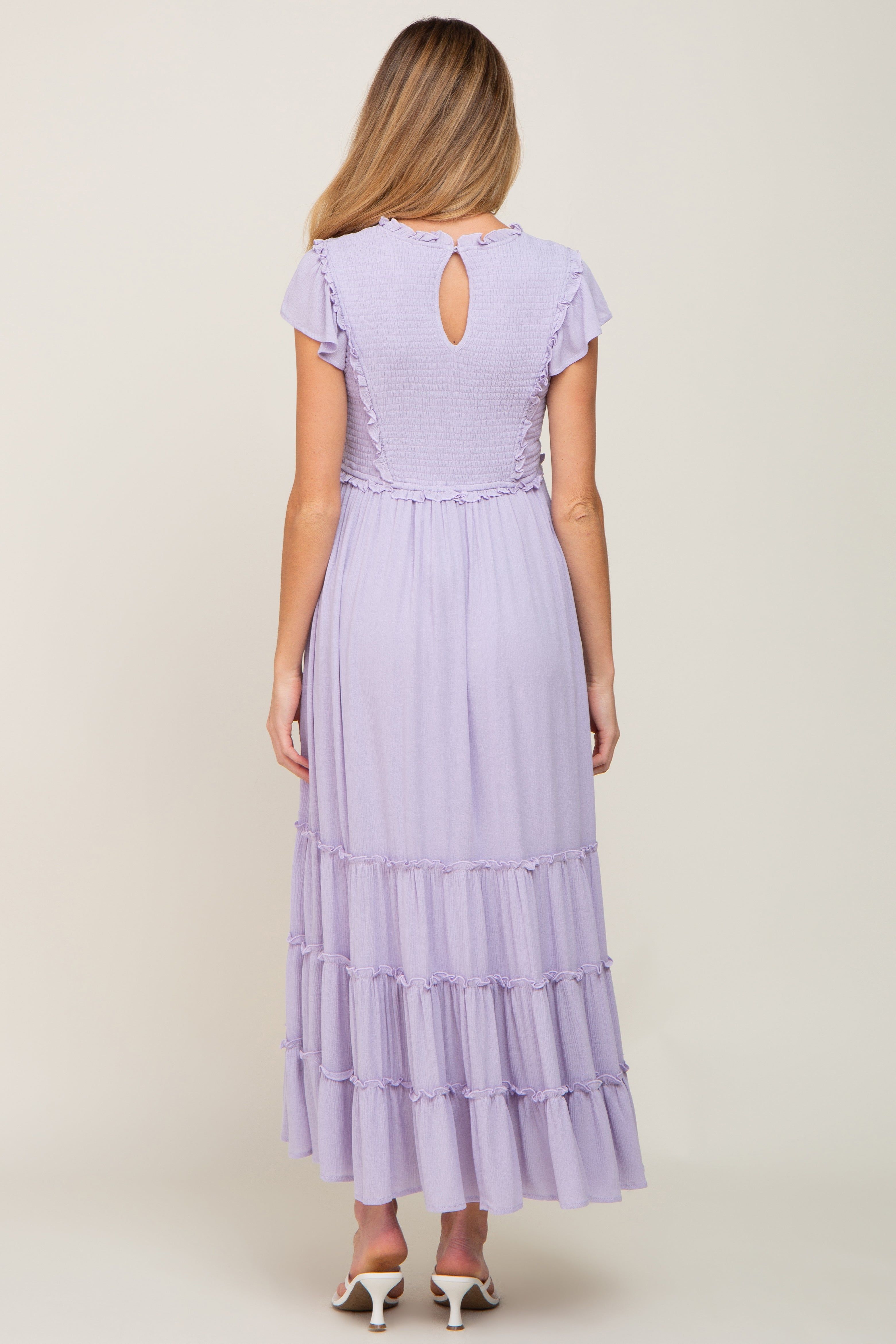 Lavender Smocked Ruffle Accent Tiered Maternity Maxi Dress sold by Pinkblush product image thumbnail 3
