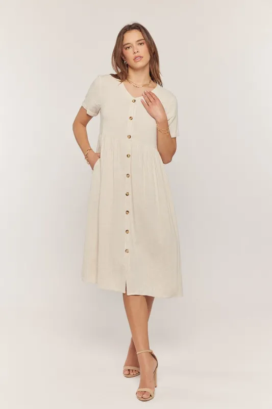 Beige Button Down Midi Dress made by Pinkblush