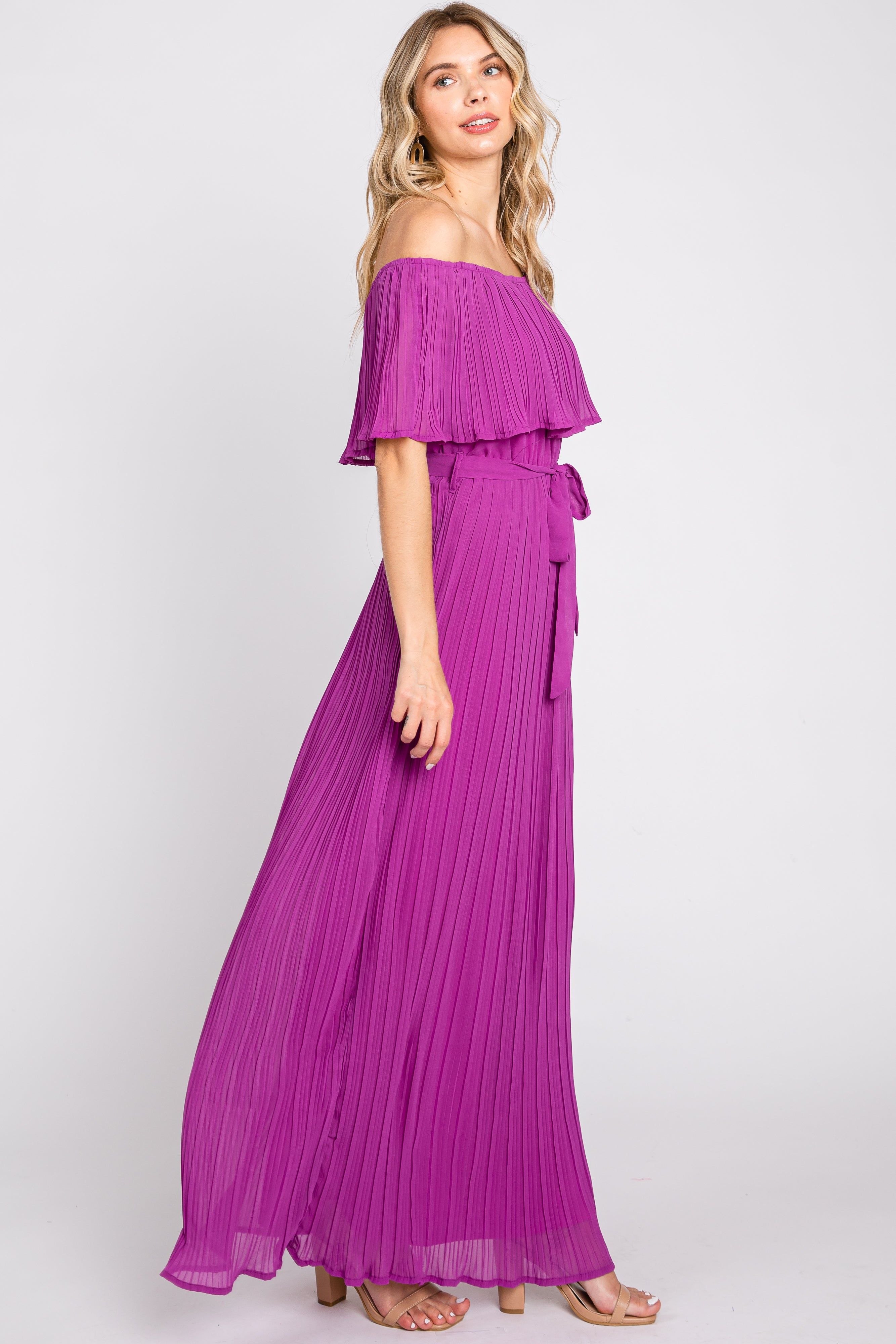 Purple Pleated Off Shoulder Maxi Dress sold by Pinkblush product image thumbnail 2