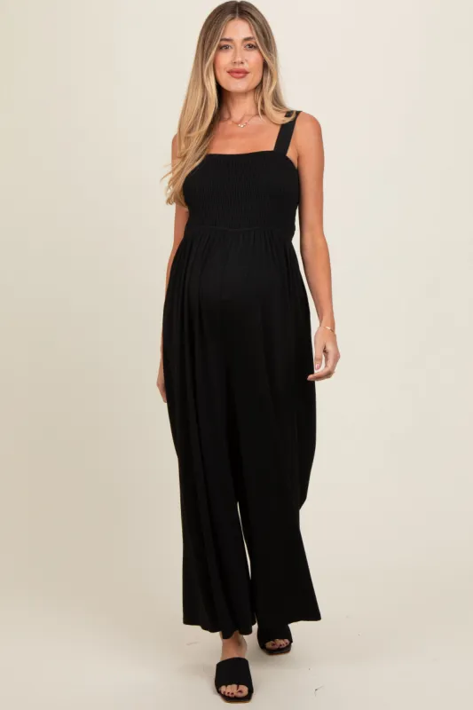 Black Smocked Wide Leg Maternity Jumpsuit sold by Pinkblush