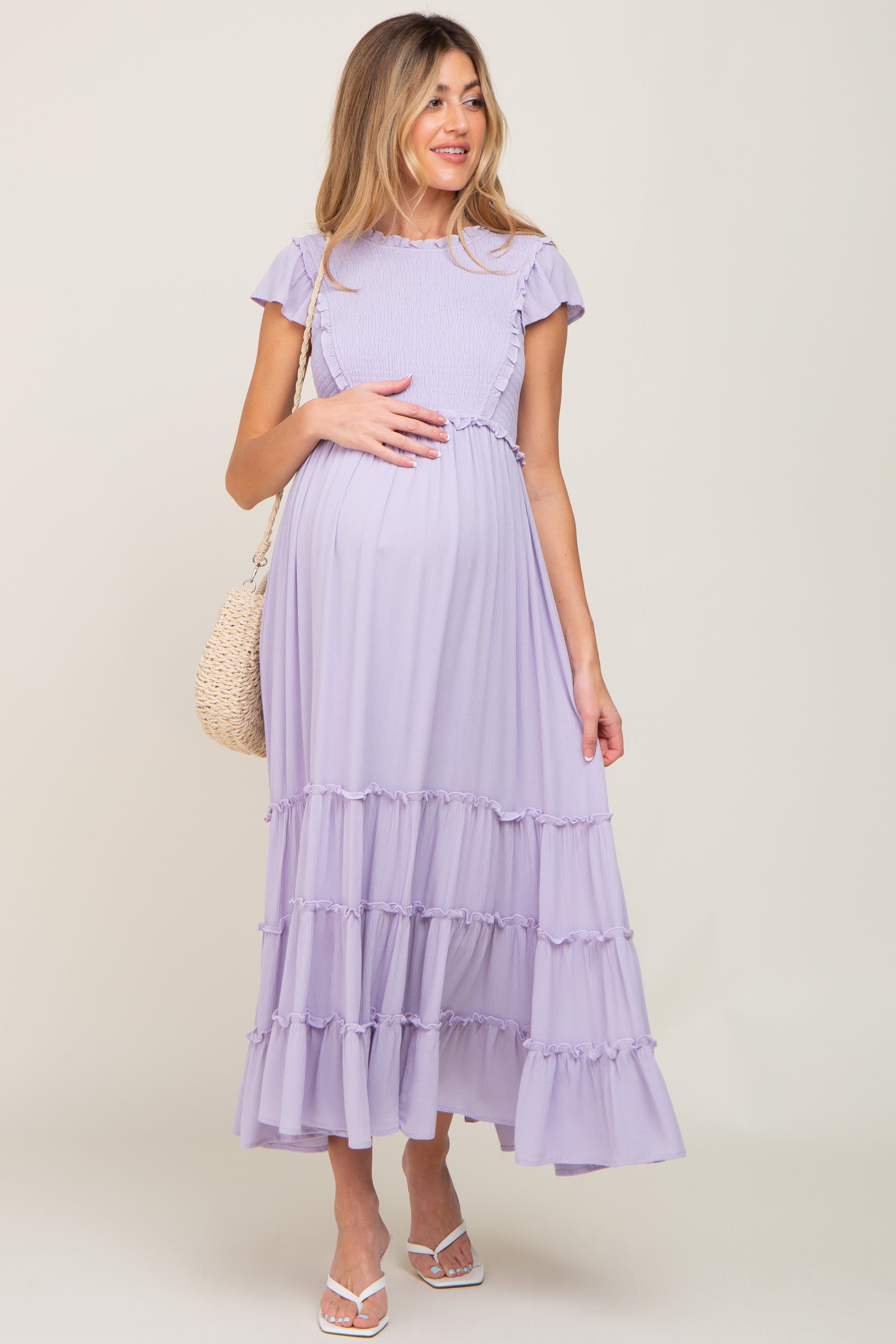Lavender Smocked Ruffle Accent Tiered Maternity Maxi Dress sold by Pinkblush