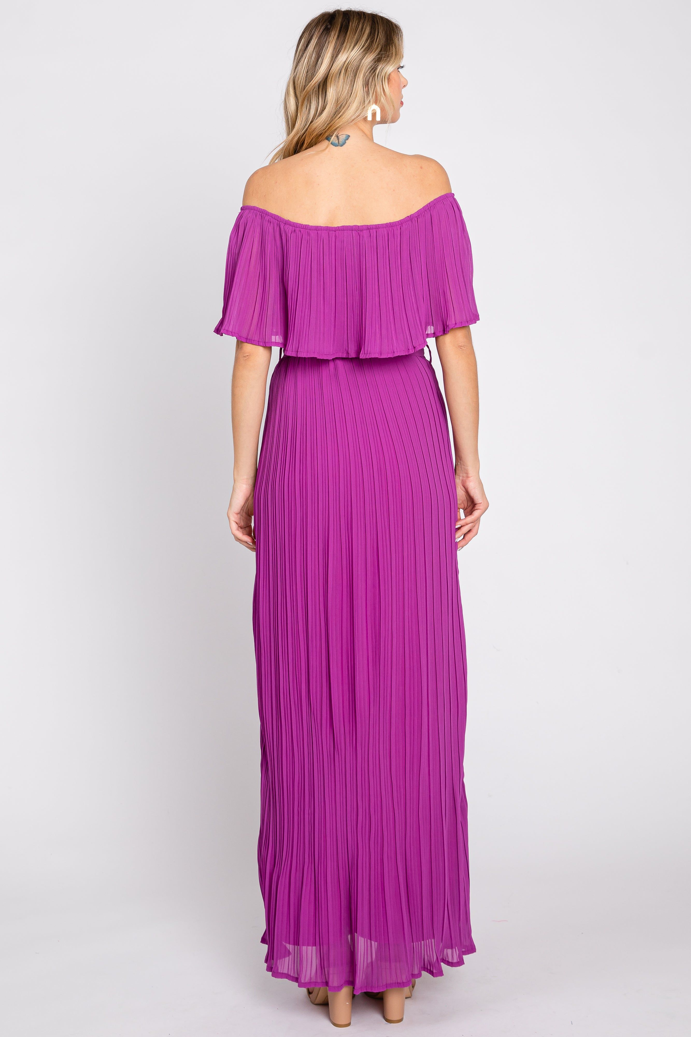 Purple Pleated Off Shoulder Maxi Dress sold by Pinkblush product image thumbnail 3