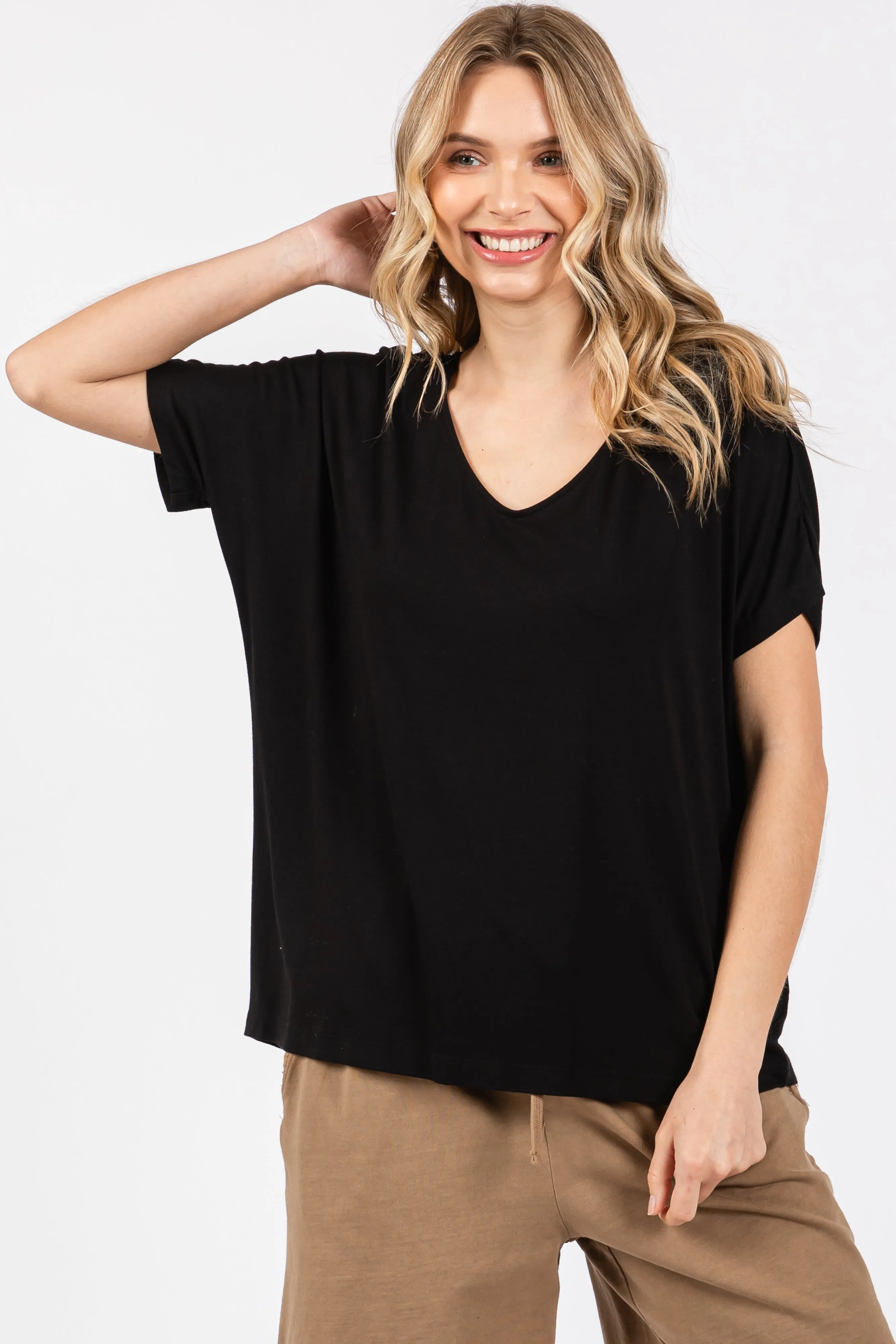 Black Short Dolman Sleeve V-Neck Maternity Top sold by Pinkblush product image thumbnail 4