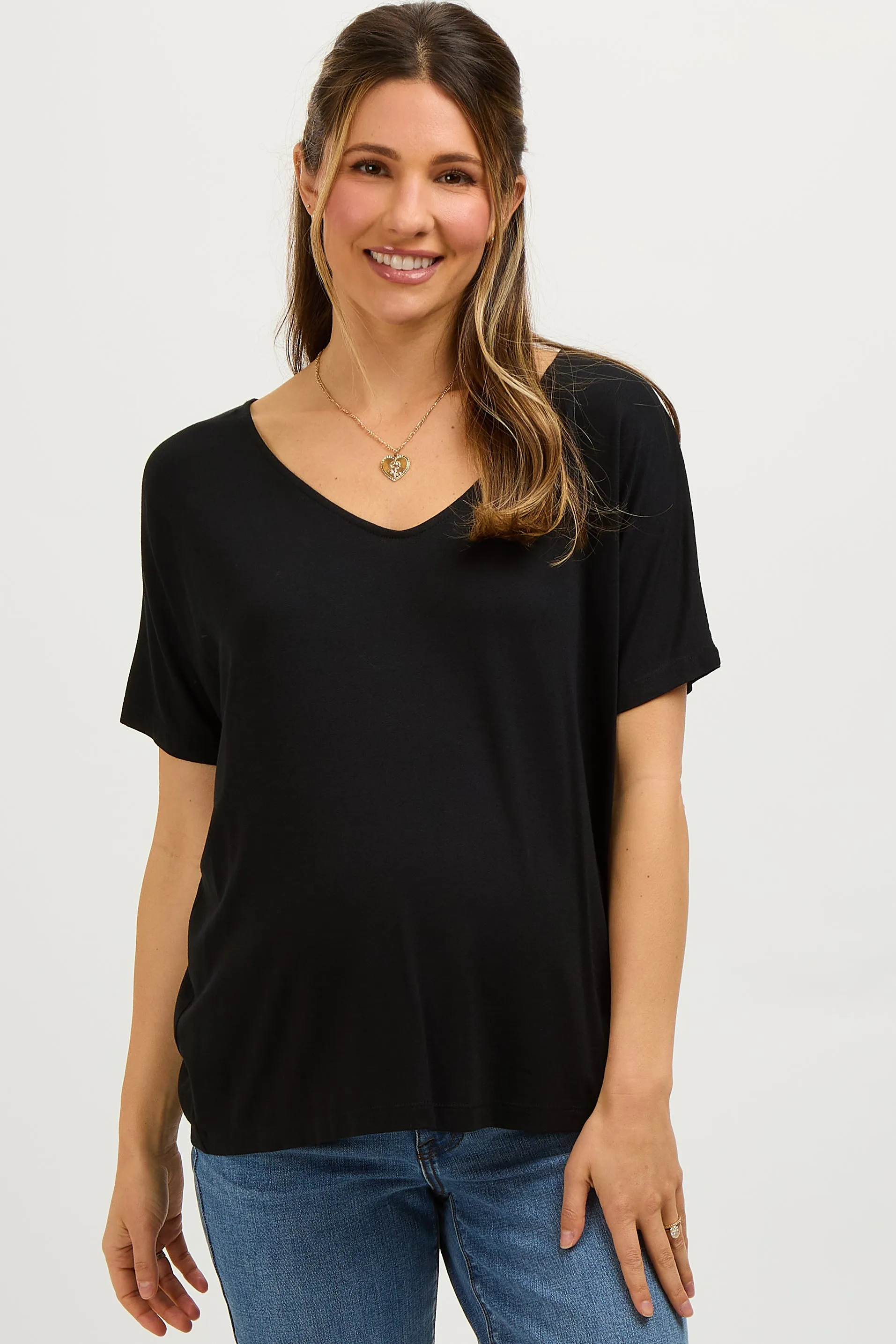 Black Short Dolman Sleeve V-Neck Maternity Top sold by Pinkblush