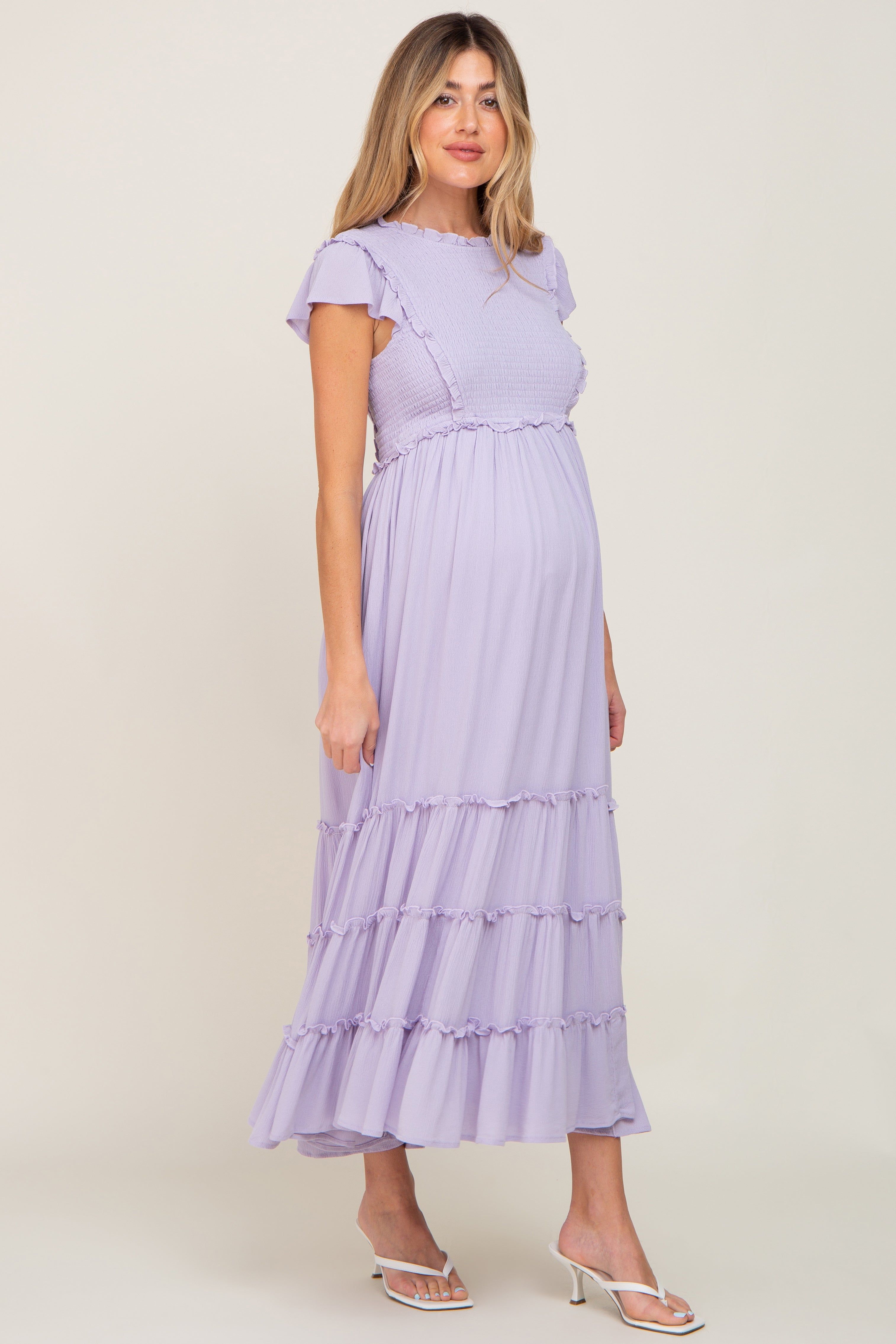 Lavender Smocked Ruffle Accent Tiered Maternity Maxi Dress sold by Pinkblush product image thumbnail 2