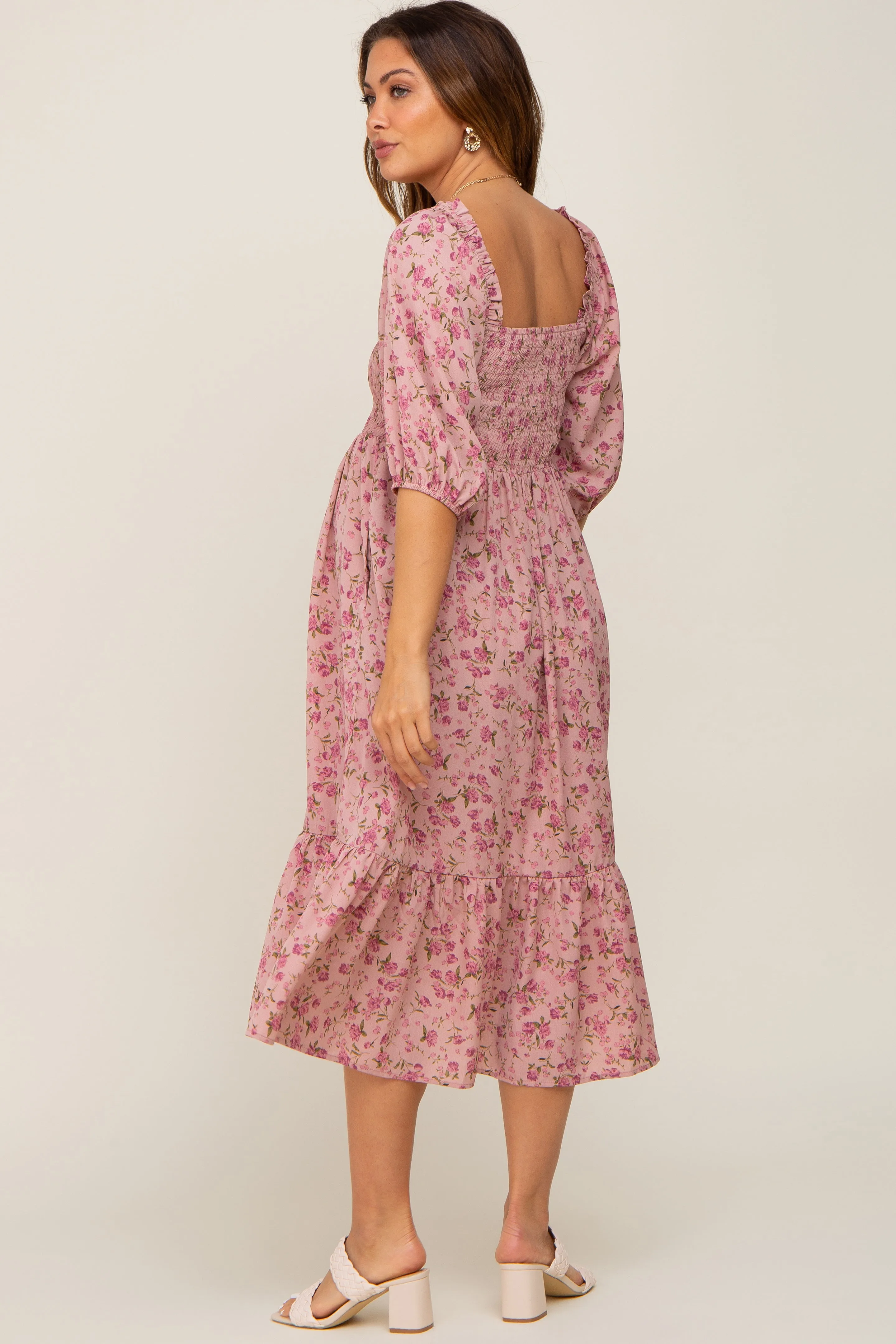 Pink Floral Smocked Maternity Midi Dress sold by Pinkblush product image thumbnail 3