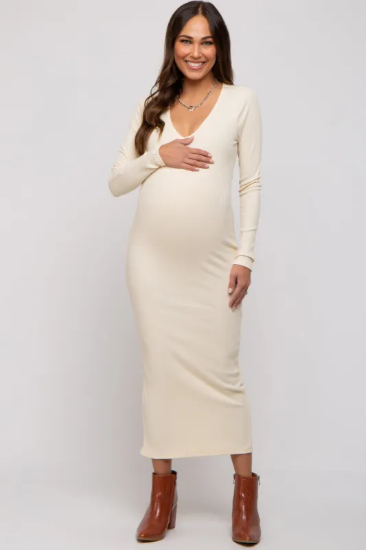 Cream Ribbed Long Sleeve Maternity Maxi Dress sold by Pinkblush