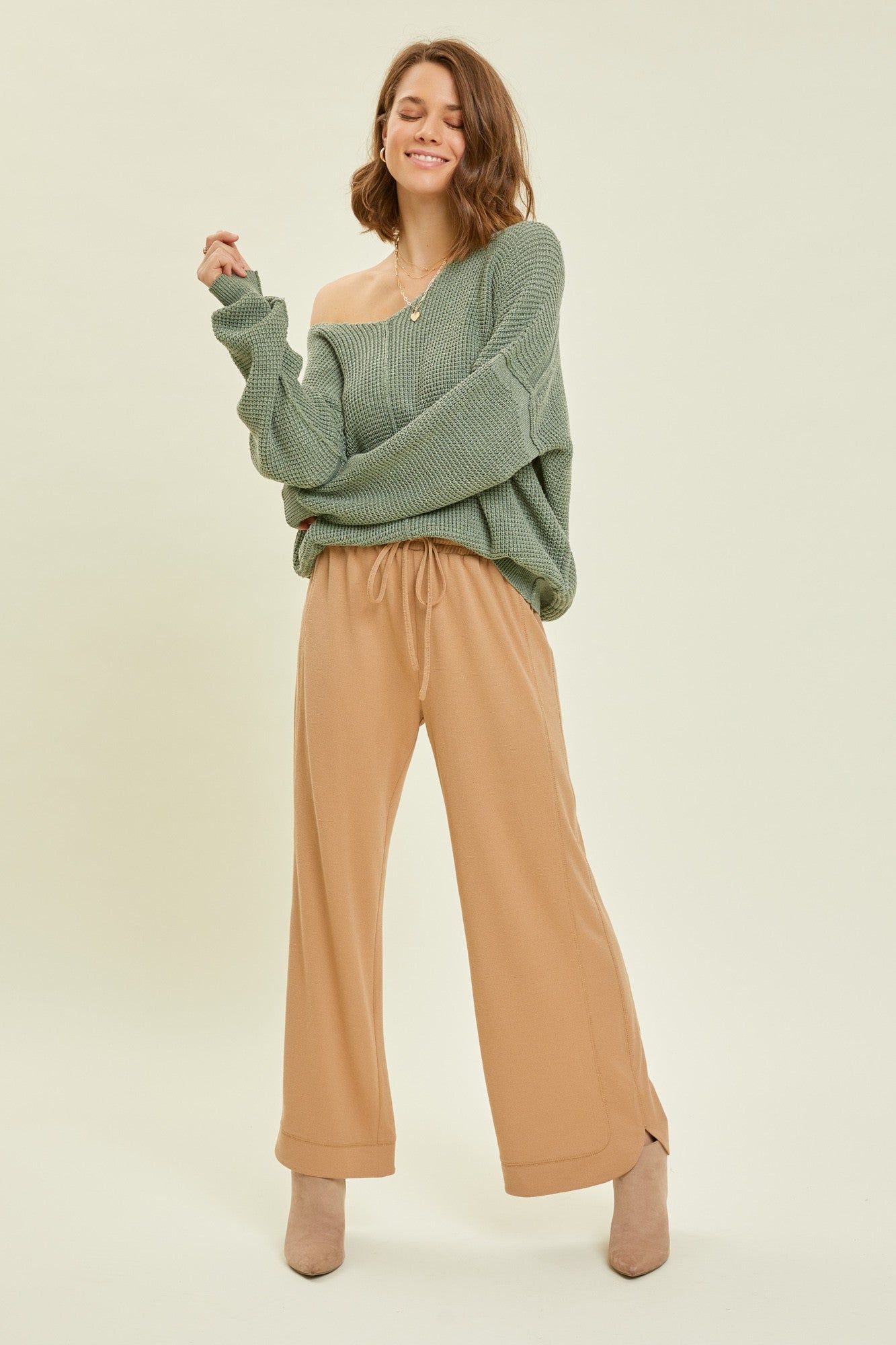 Camel Wide Leg Drawstring Pants sold by Pinkblush product image thumbnail 3