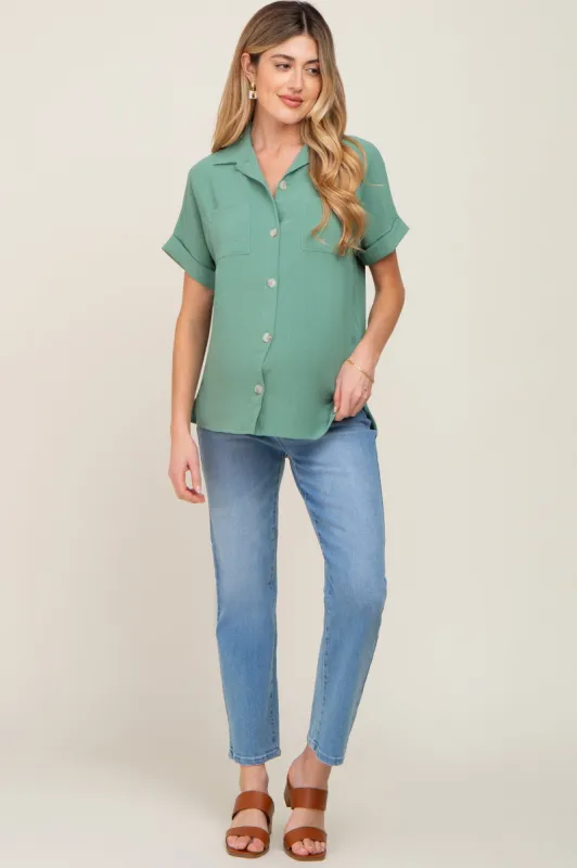 Green Collared Button-Down Short Sleeve Maternity Blouse sold by Pinkblush