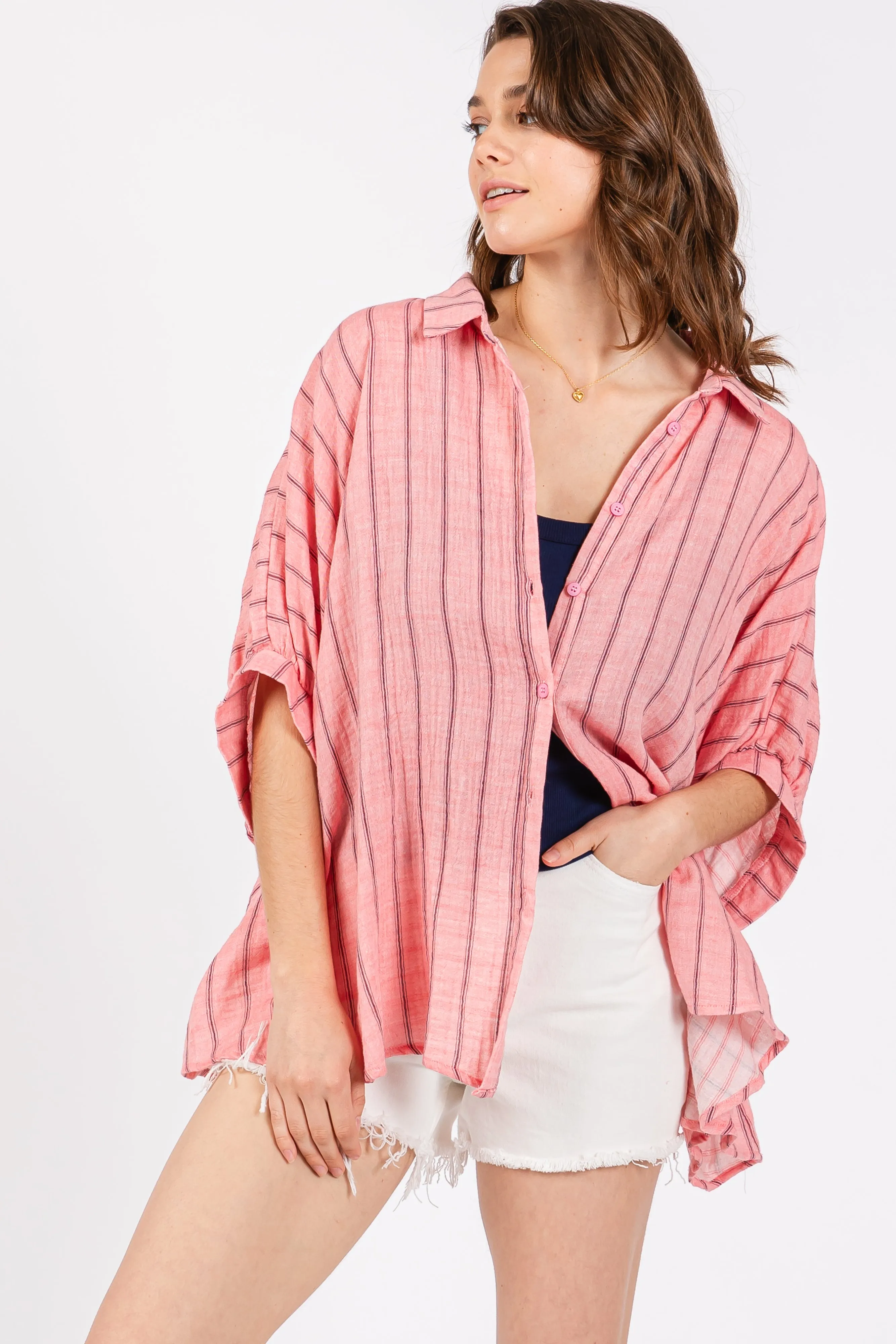 Pink Striped Collared Oversized Top sold by Pinkblush