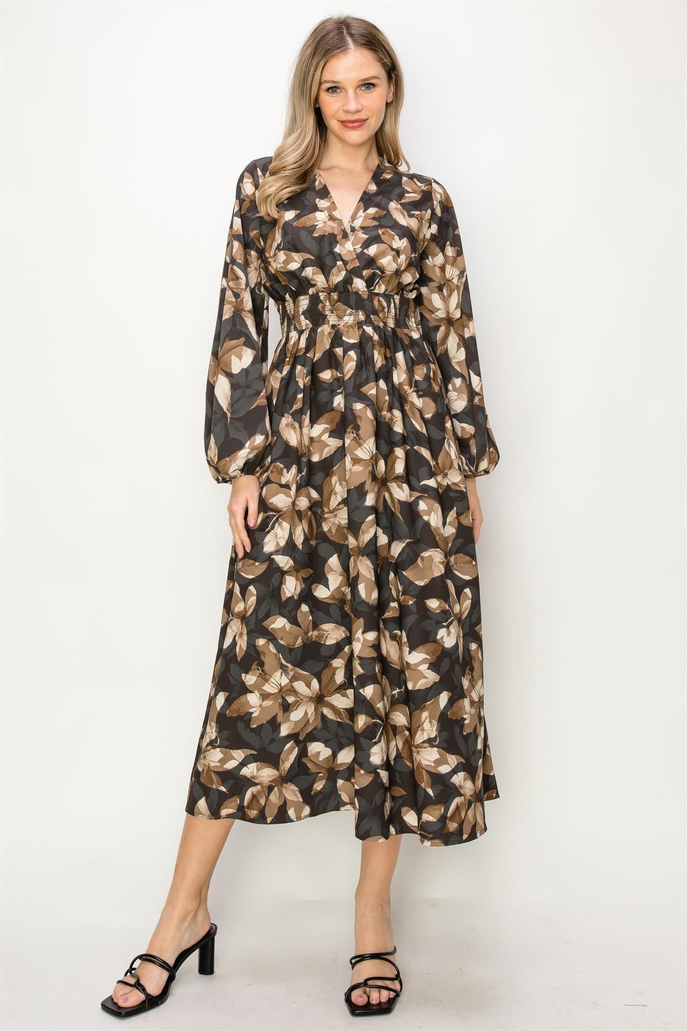 Charcoal Satin Floral Long Sleeve Stretch Waist Maxi Dress sold by Pinkblush