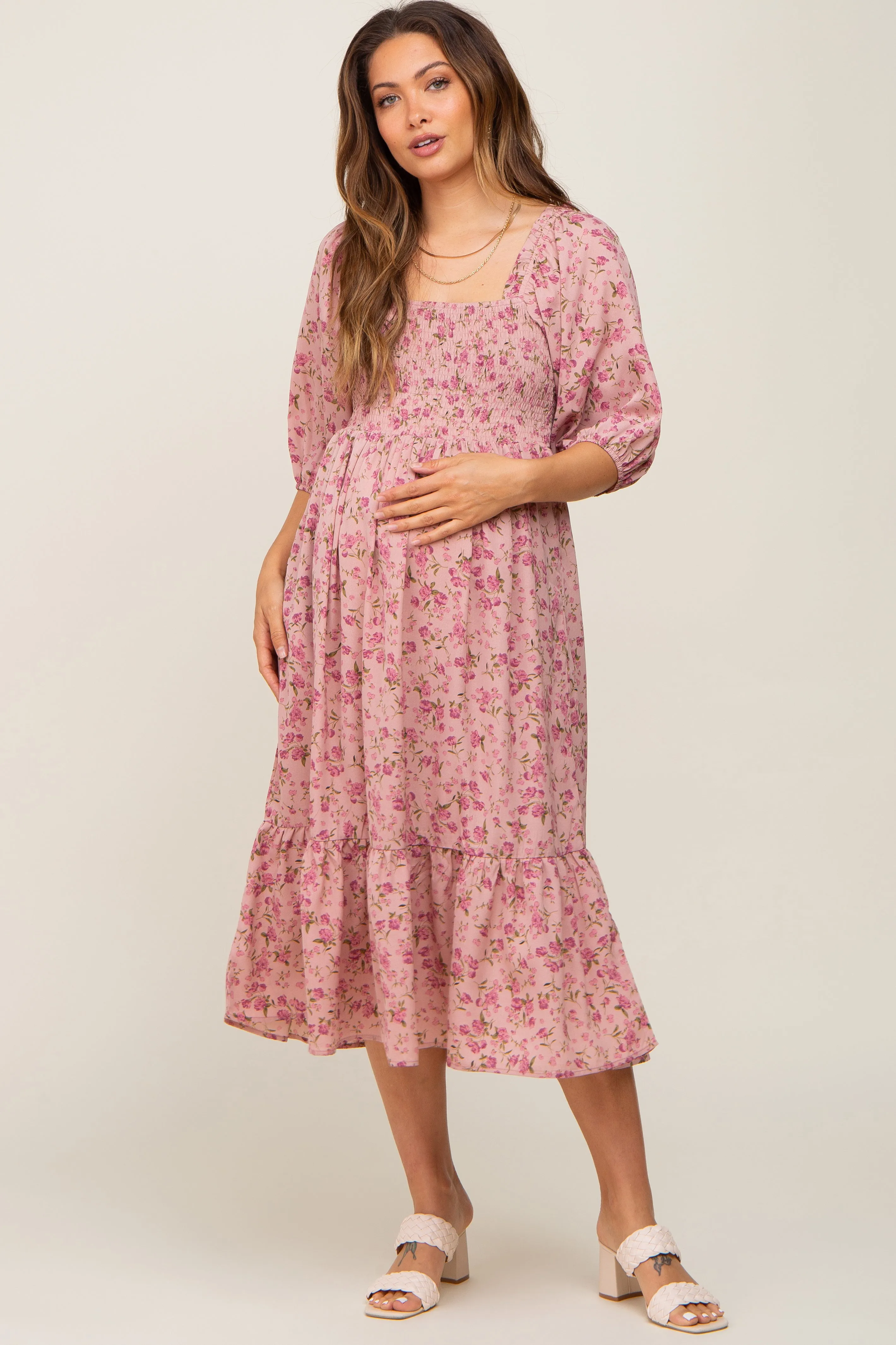Pink Floral Smocked Maternity Midi Dress sold by Pinkblush product image thumbnail 5