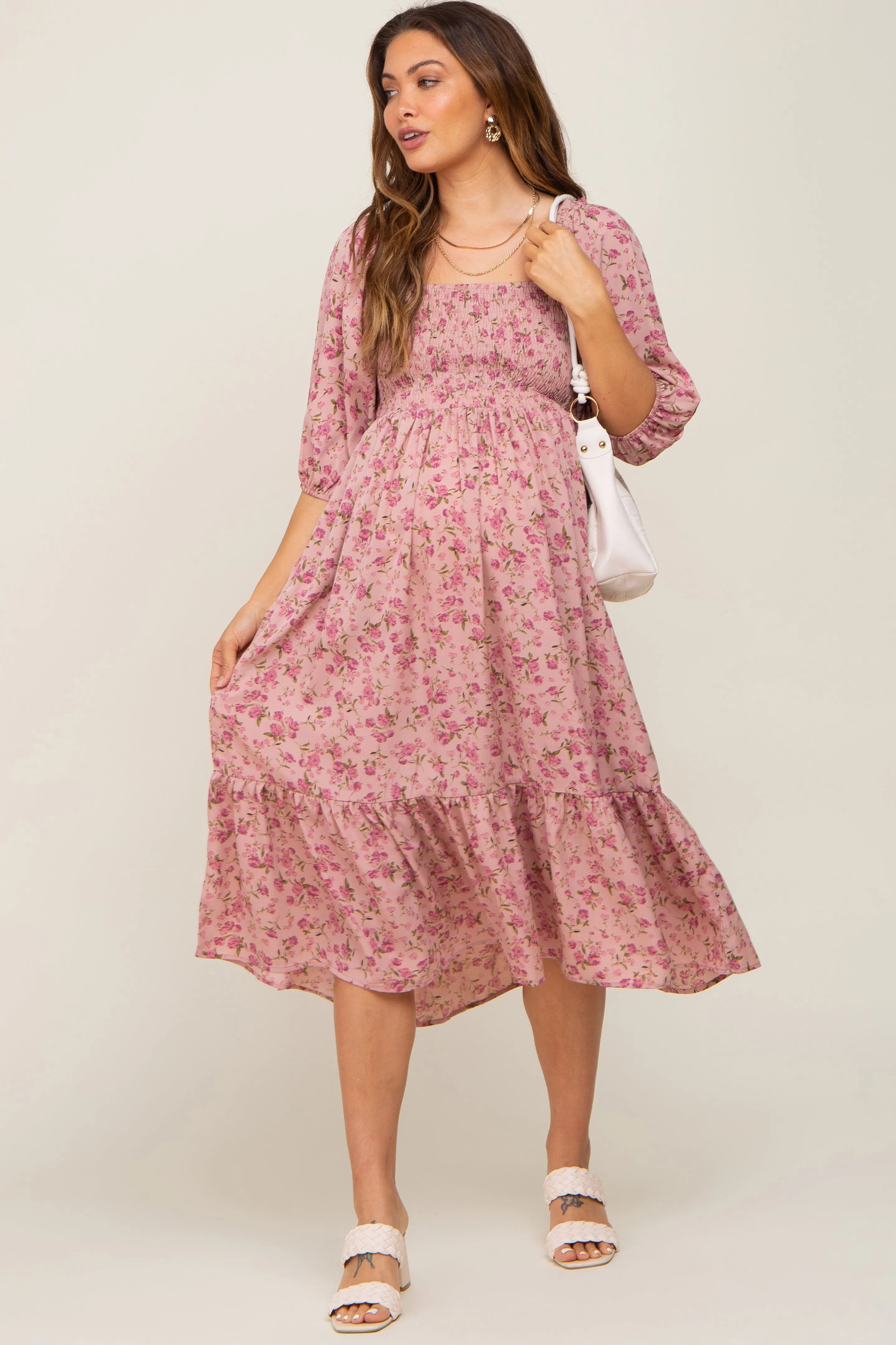 Pink Floral Smocked Maternity Midi Dress sold by Pinkblush