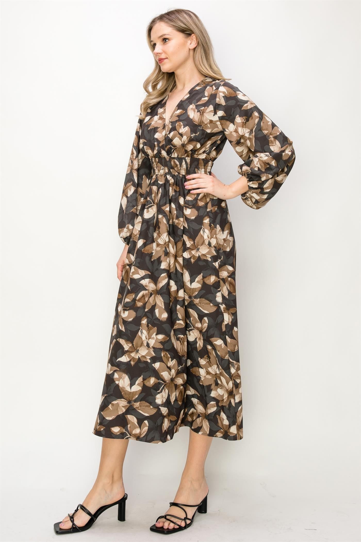 Charcoal Satin Floral Long Sleeve Stretch Waist Maxi Dress sold by Pinkblush product image thumbnail 2