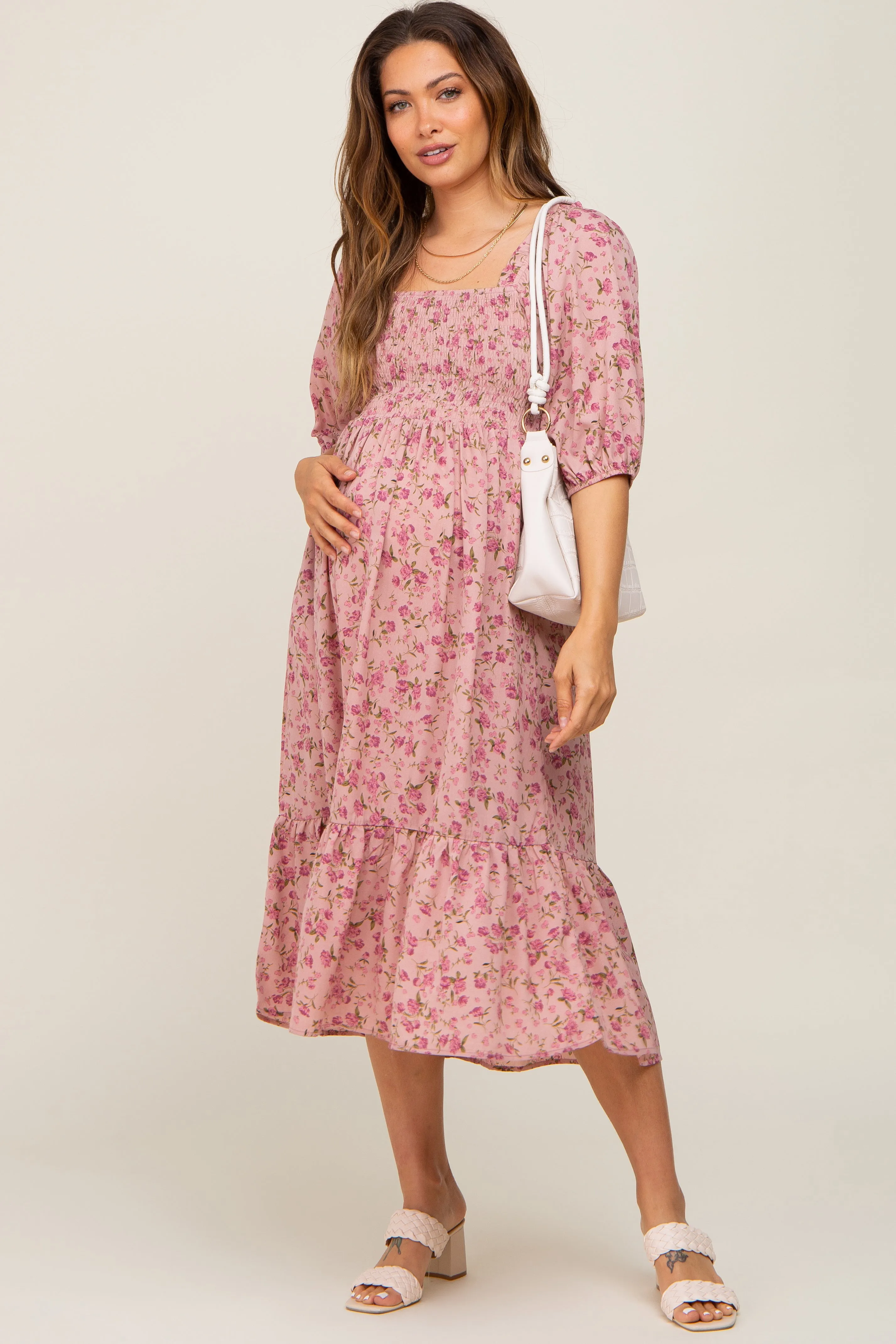 Pink Floral Smocked Maternity Midi Dress sold by Pinkblush product image thumbnail 4