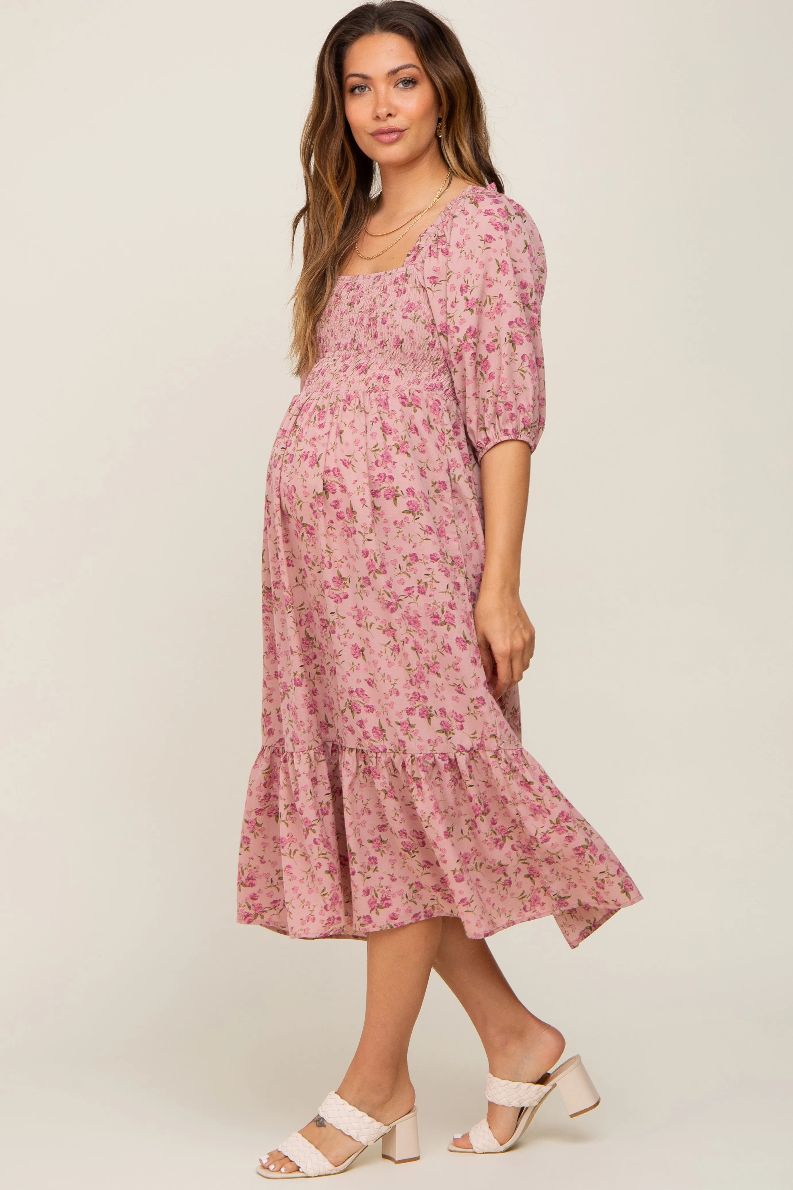 Pink Floral Smocked Maternity Midi Dress sold by Pinkblush product image thumbnail 2