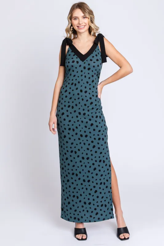 Teal Ribbed Polka Dot Shoulder Tie Maxi Dress sold by Pinkblush