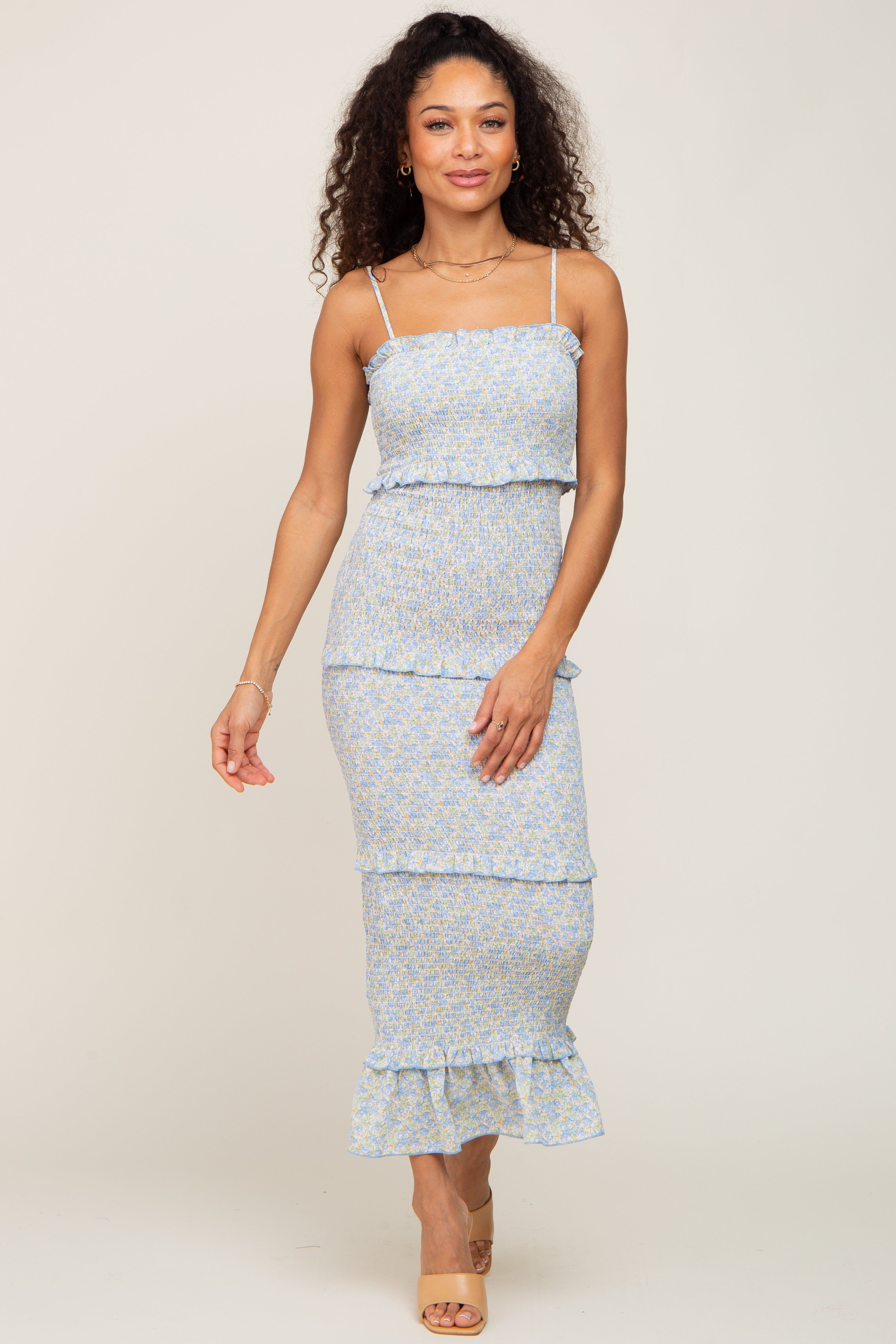 Blue Floral Chiffon Smocked Tiered Square Neck Midi Dress sold by Pinkblush product image thumbnail 5