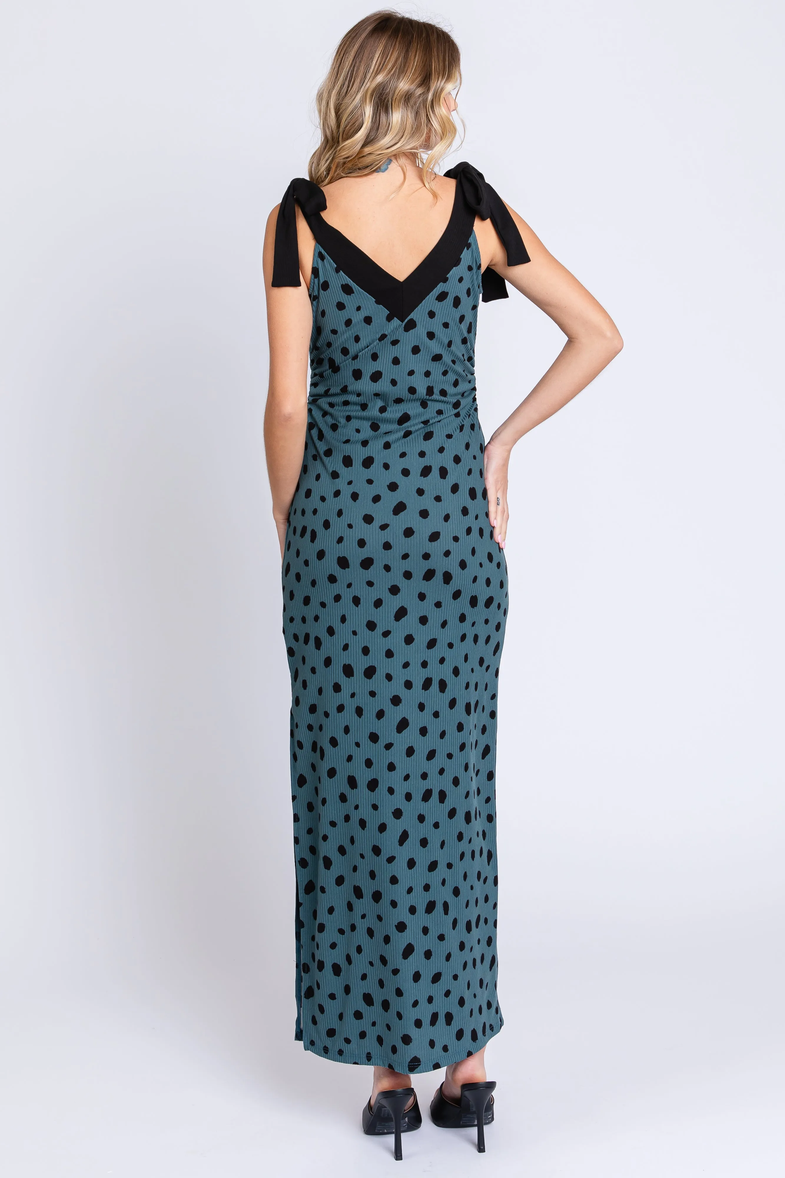 Teal Ribbed Polka Dot Shoulder Tie Maxi Dress sold by Pinkblush product image thumbnail 3