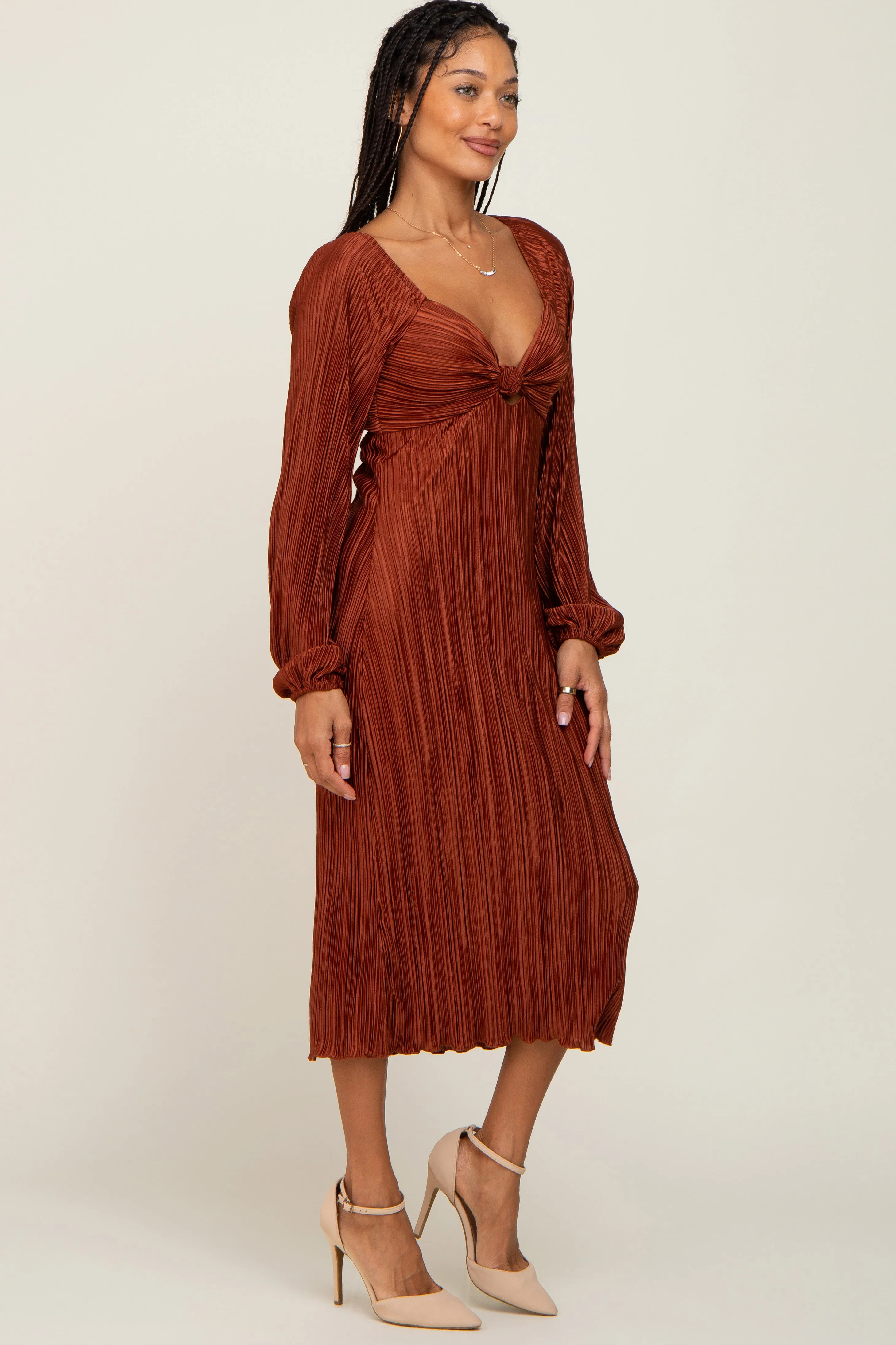 Rust Pleated Front Cutout Back Tie Midi Dress sold by Pinkblush product image thumbnail 2