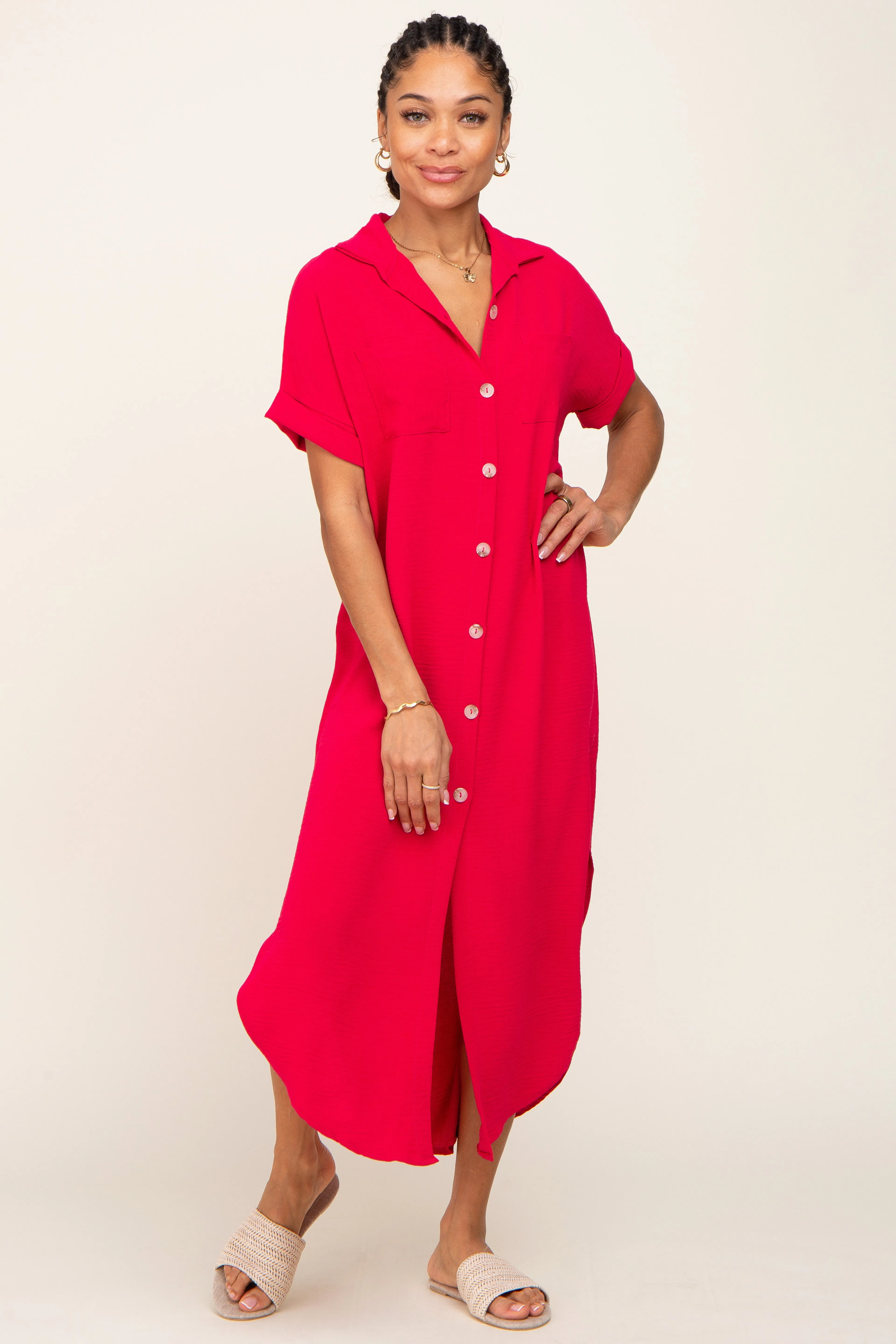 Fuchsia Button Down Hi Low Maternity Maxi Dress sold by Pinkblush product image thumbnail 5