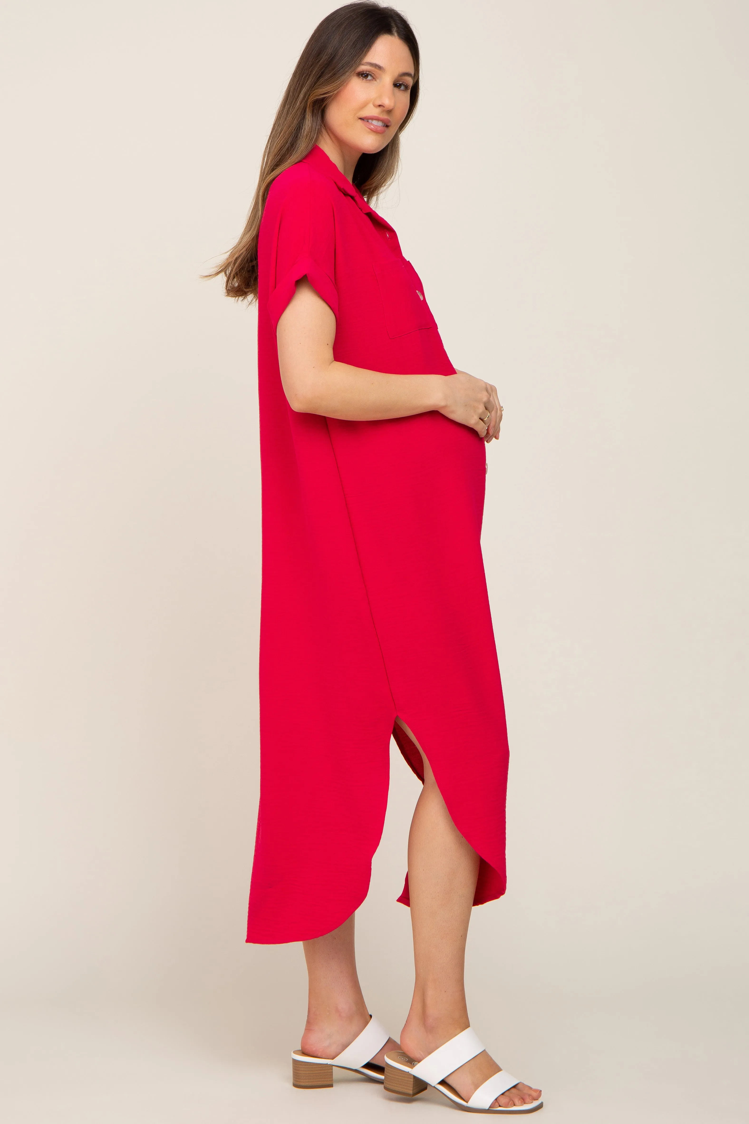 Fuchsia Button Down Hi Low Maternity Maxi Dress sold by Pinkblush product image thumbnail 2