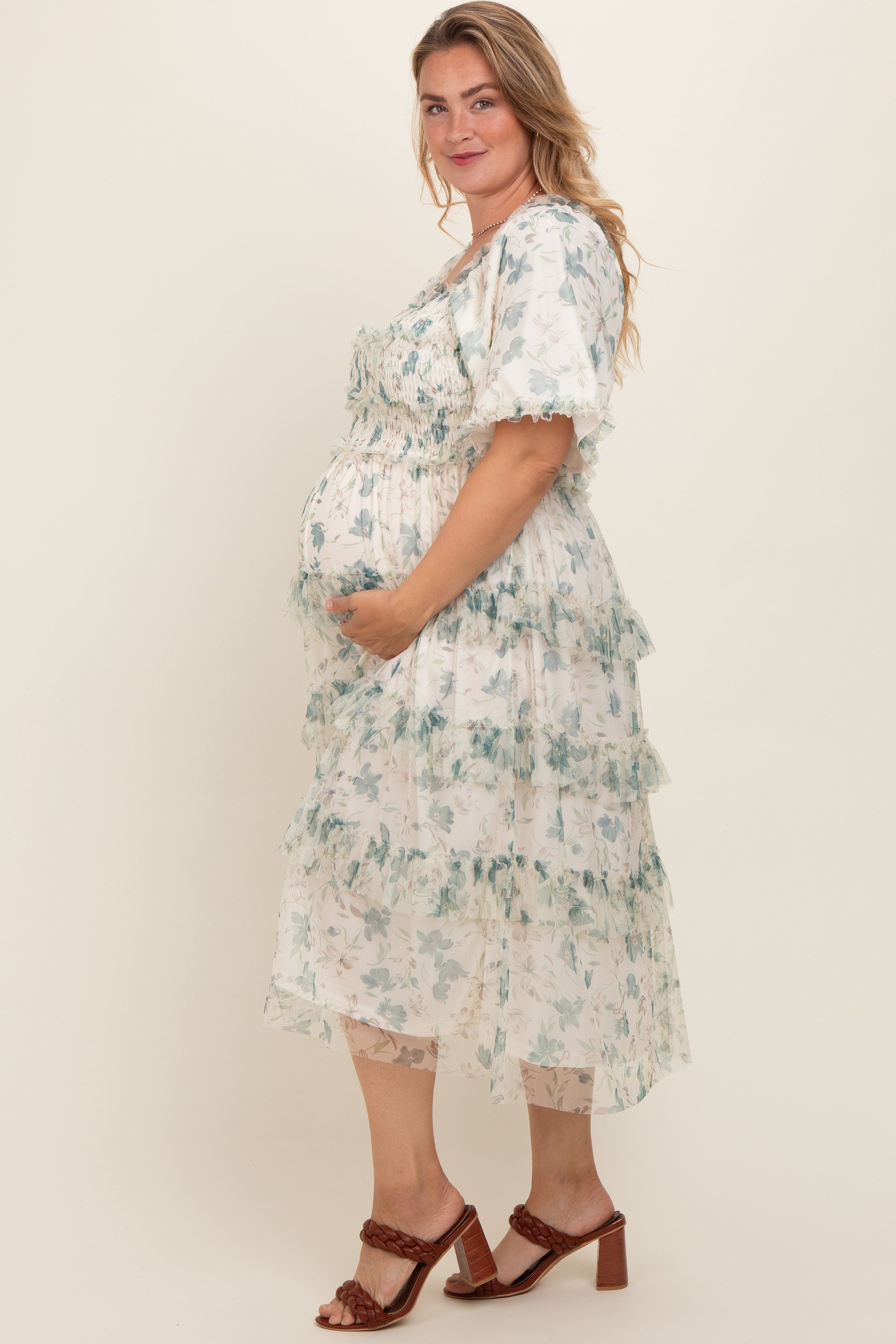 Cream Floral Mesh Smocked Ruffle Tiered Maternity Plus Midi Dress sold by Pinkblush product image thumbnail 2