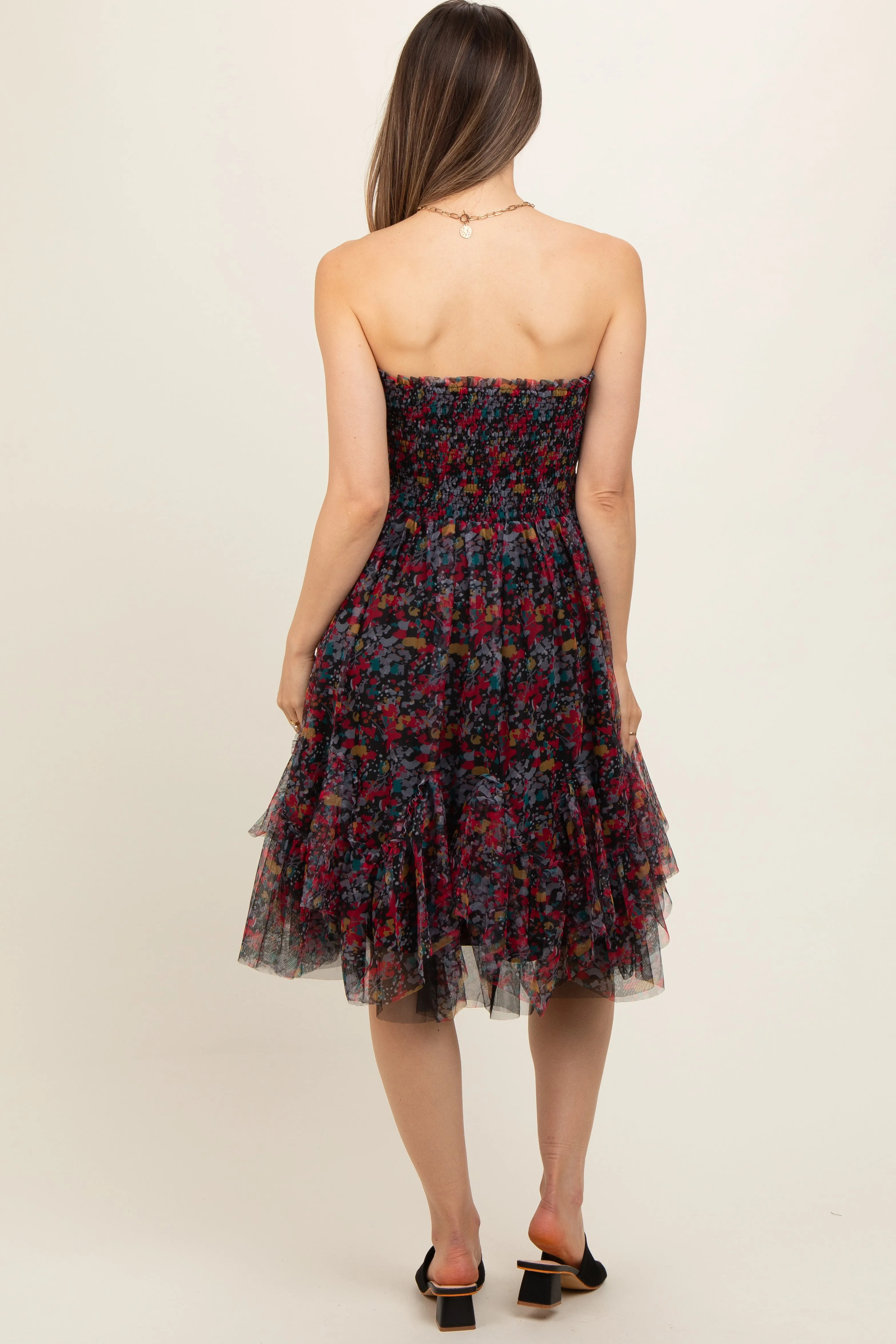 Black Floral Sleeveless Smocked Ruffle Hem Maternity Dress sold by Pinkblush product image thumbnail 2