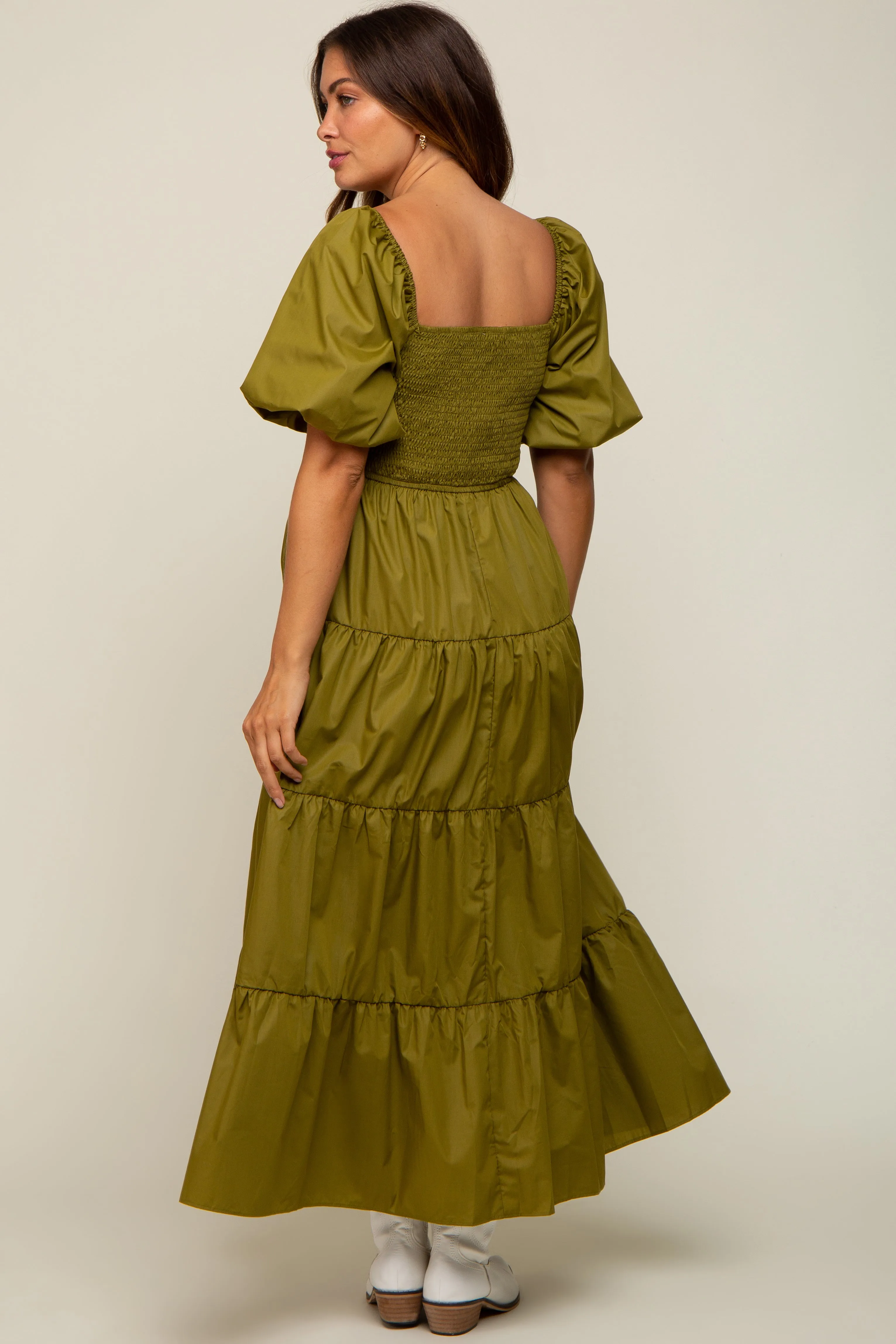 Light Olive Square Neck Smocked Puff Short Sleeve Tiered Maternity Midi Dress sold by Pinkblush product image thumbnail 3