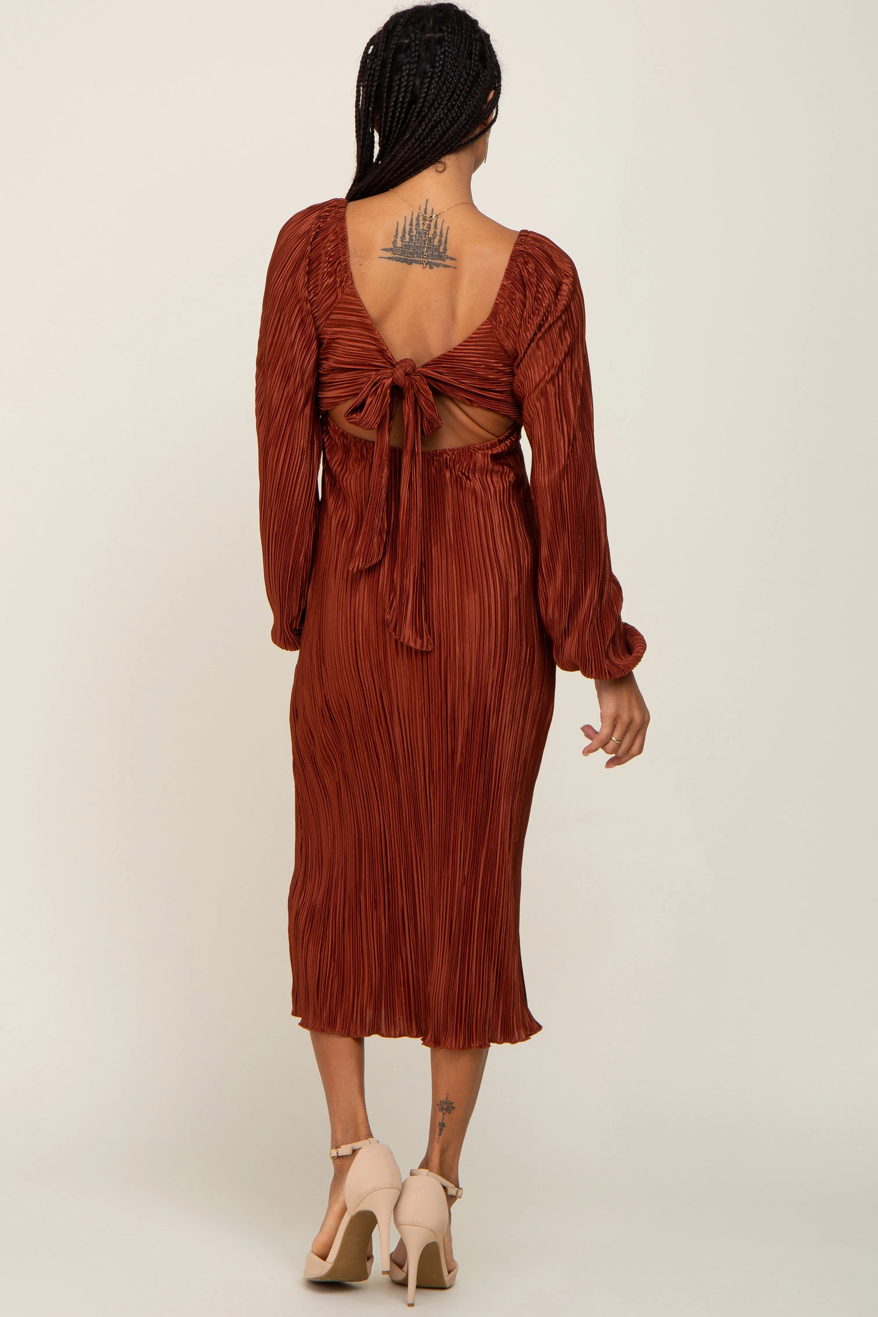 Rust Pleated Front Cutout Back Tie Midi Dress sold by Pinkblush product image thumbnail 3