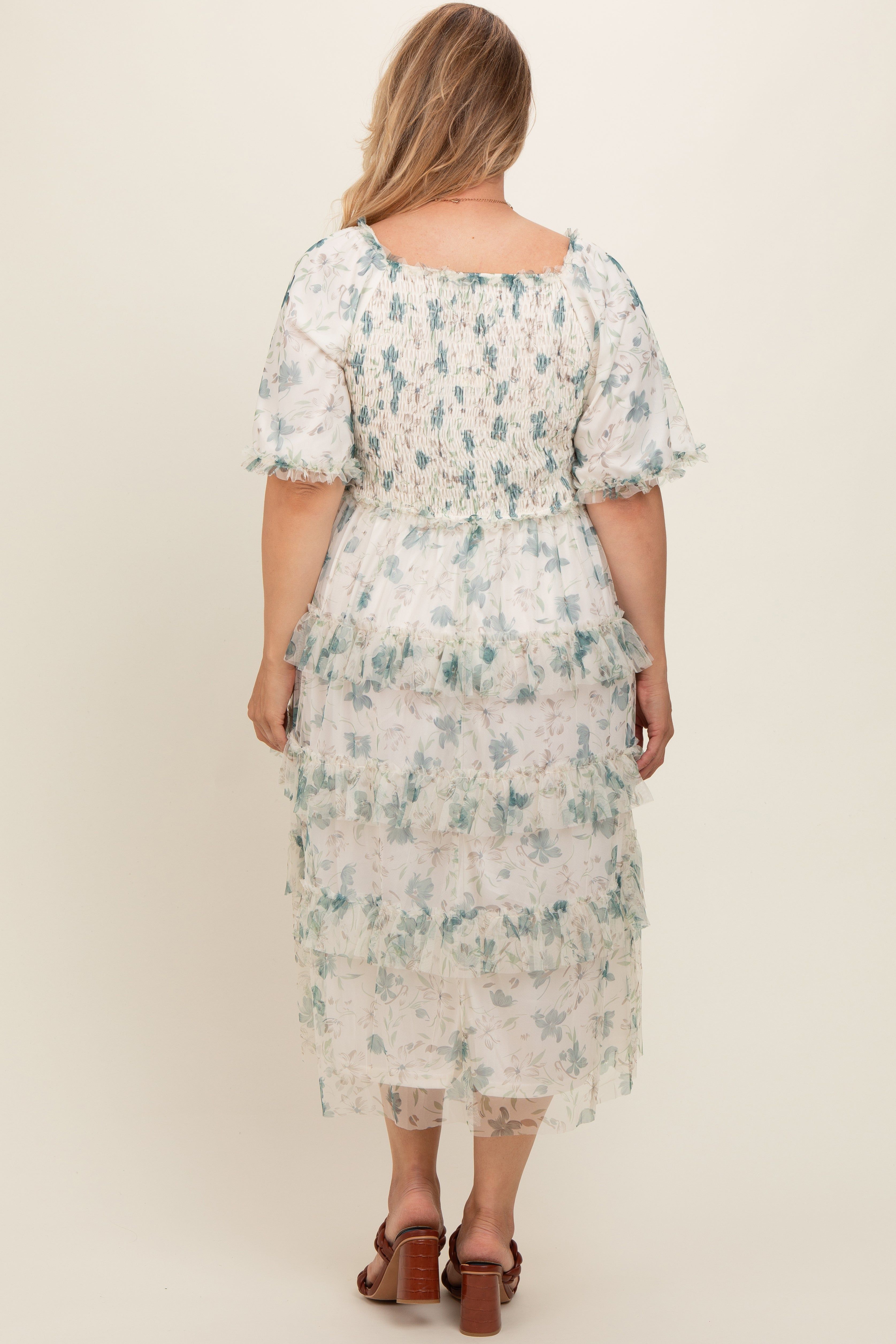 Cream Floral Mesh Smocked Ruffle Tiered Maternity Plus Midi Dress sold by Pinkblush product image thumbnail 3