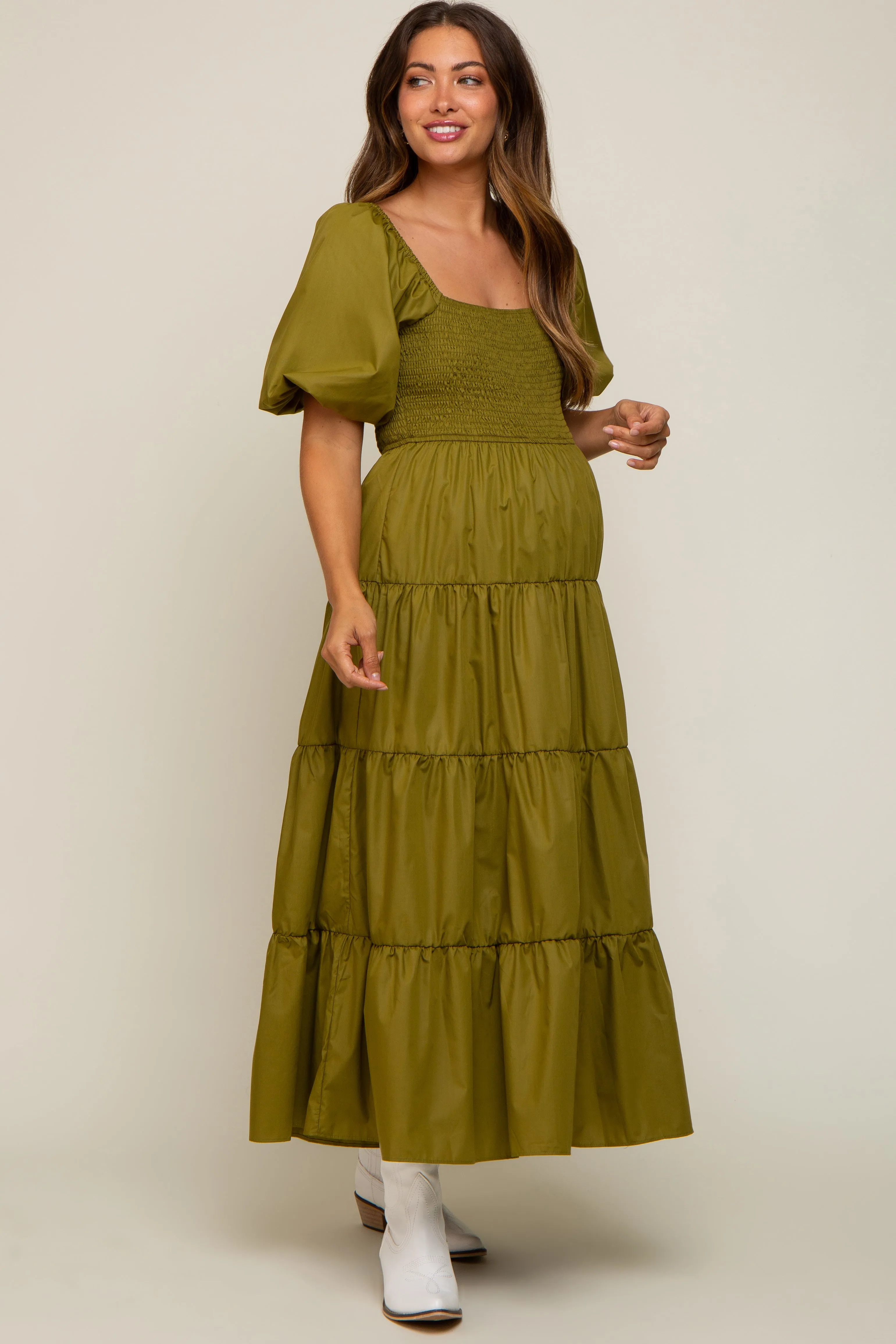 Light Olive Square Neck Smocked Puff Short Sleeve Tiered Maternity Midi Dress sold by Pinkblush product image thumbnail 4