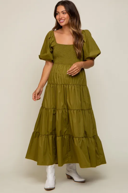 Light Olive Square Neck Smocked Puff Short Sleeve Tiered Maternity Midi Dress sold by Pinkblush